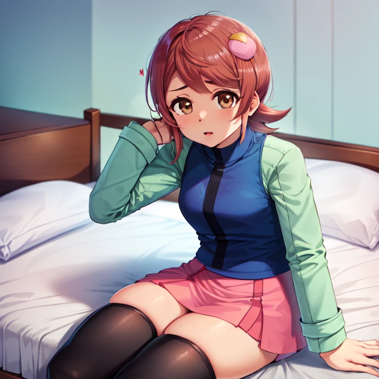 (masterpiece, best quality, highres:1.4), highly detailed, detailed shading, vibrant colors, idolmaster, love live!, 1girl, solo, mayl_sakurai, blue jacket, green sleeves, pink skirt, hair ornament, thighhighs,  brown eyes, red hair, black thighhighs, zettai ryouiki, <lora:mayl_sakurai:1>