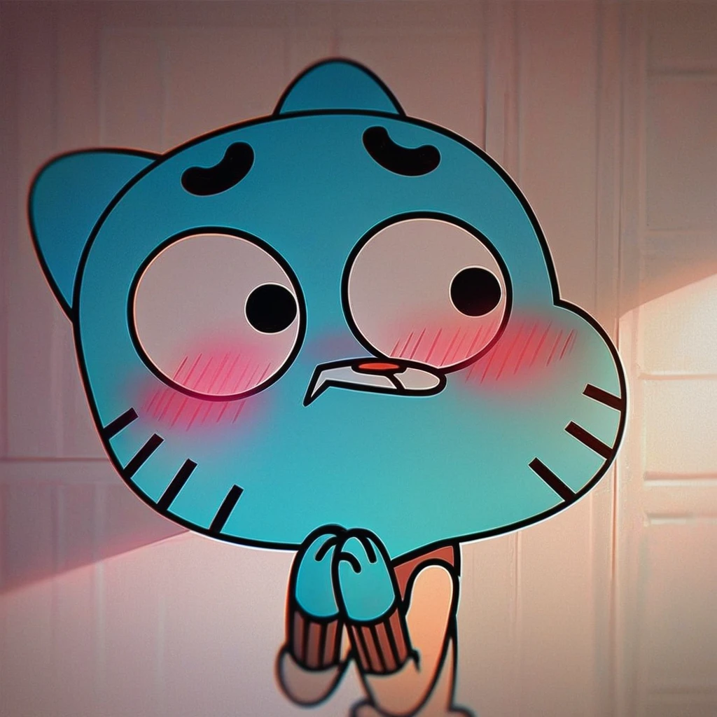 score_9, score_8_up, score_7_up, score_6_up, mikus-gumball, black eyes, blue fur, blue cat, cat ears, 1boy, solo, blush, shy,