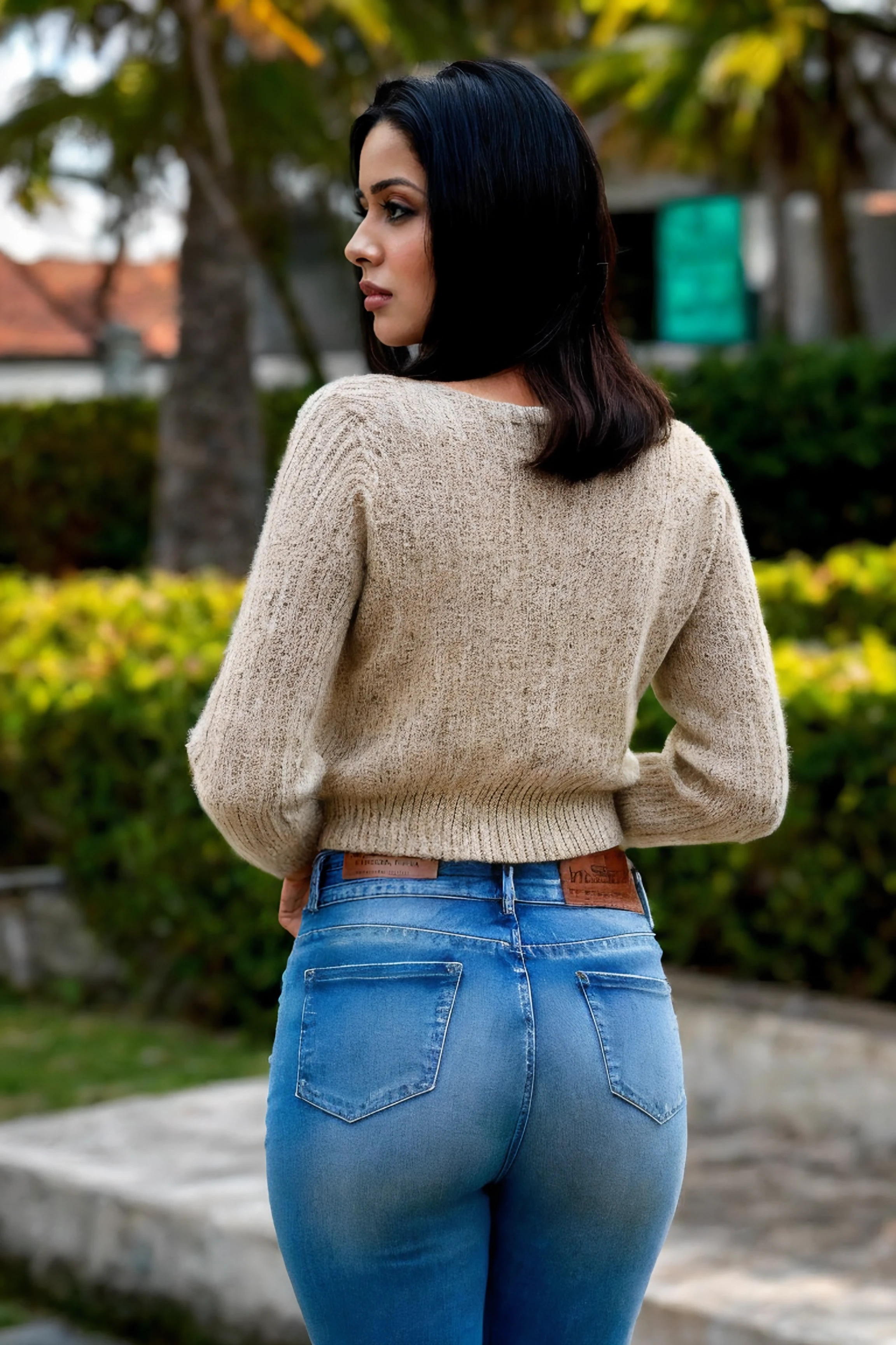 a 23-year-old Bolivian girl with ironed brown hair, piel clara, ojos claros, sonrisa delicada, estatura 1,60, senos medianos con lunares, cintura regular, cuerpo delicado, vistiendo jeans negros 