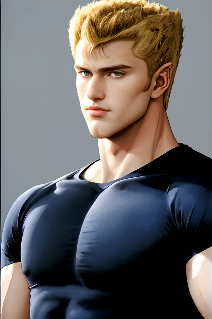 absurdres, <lora:ZeruYYH:0.8>, zeru, portrait, (upper body:1.1), muscular male, simple background, facing viewer, dark blue shirt