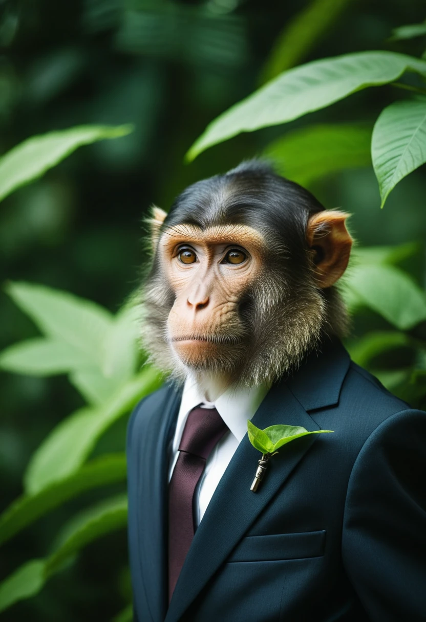 monkey in suit, portrait, high quality photo, lush green plants in background, beautiful lighting, close up