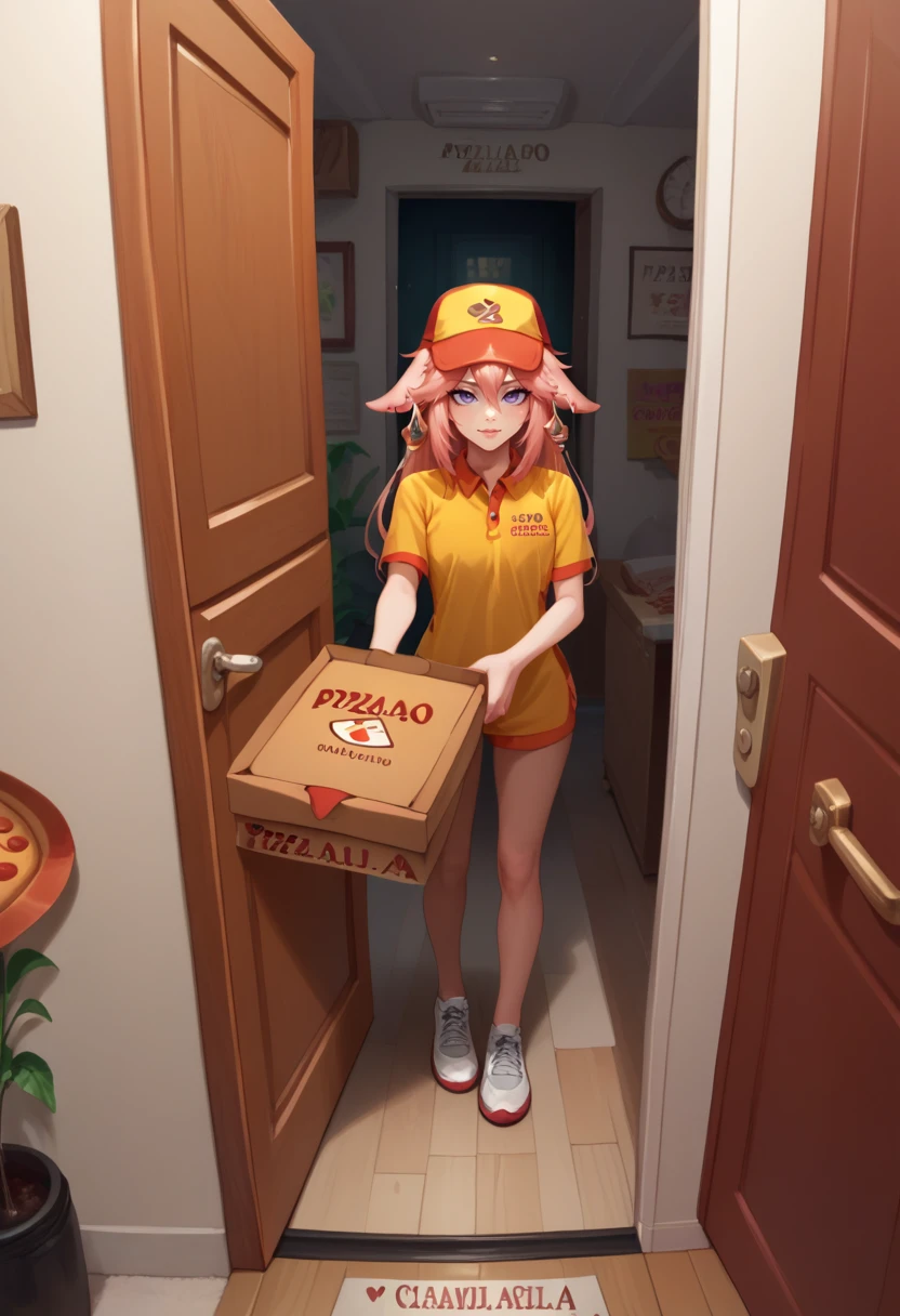 score_9, score_8_up, score_7_up, pizza box, employee uniform, pov, pizza delivery <lora:GettingPizzaDeliveredPOV_pdxl_Incrs_v1:1>, yae miko, doorway,