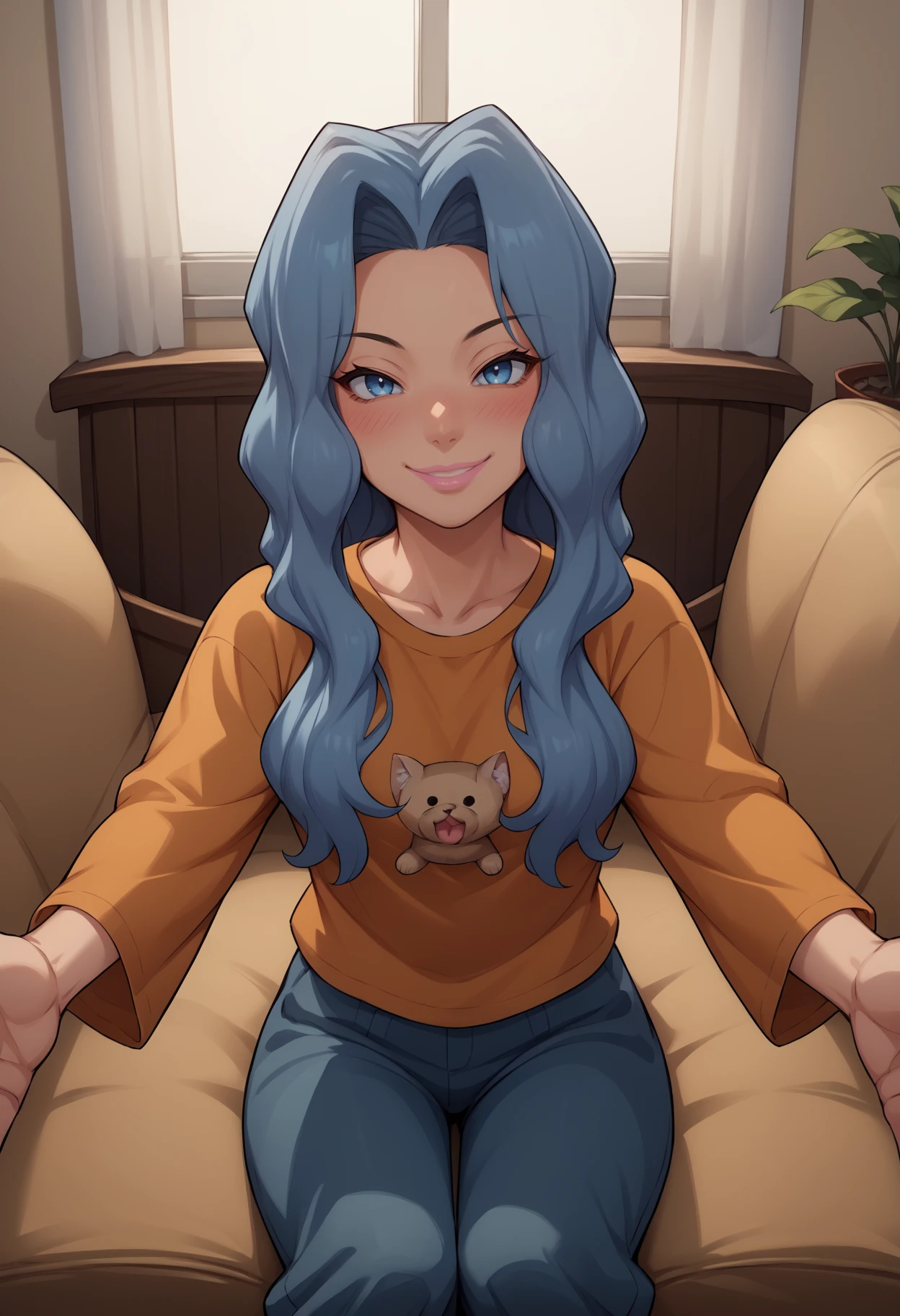 score_9, score_8_up,score_7_up, source_anime, 1girl, solo, <lora:Snq_pdxl_EliPot:1>, SQNA, long hair, blue hair, blue eyes, mature female,
 pink lips, orange t-shirt, baggy pants, outstretched arms, blush smiling, sitting on couch, in living room, looking at viewer, pov, incoming hug,