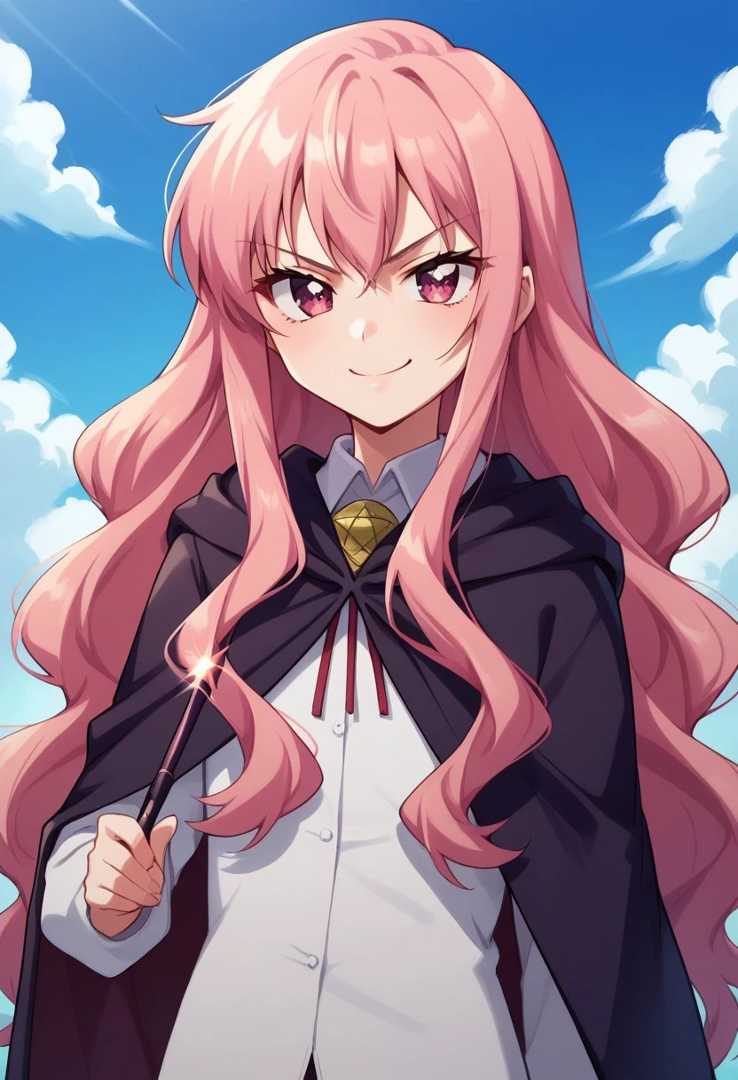 score_8_up, score_7_up, source_anime, highly detailed, 
louisezero, 1girl, solo, long hair, pentacle, cape, pink hair, pink eyes, upper body, bolo tie, shirt, white shirt, hold, wand, magic wand, smirk,
outdoor, sky,