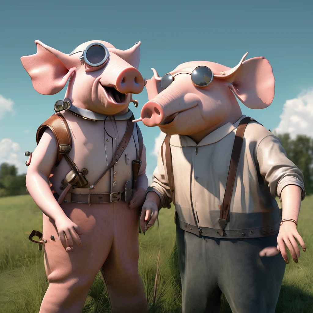 hru, two pigs standing next to each other in a field of grass, a sky in the background<lora:hogs-cnt:1>