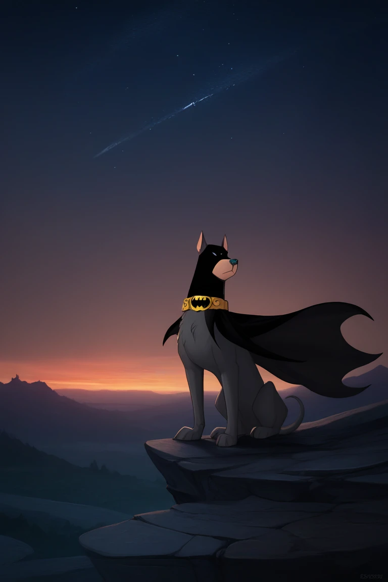 score_9_up, score_8_up,score_7_up, digital art, realistic, cartoon, painting, ace _bat_hound, cape, solo, sky, night, dark