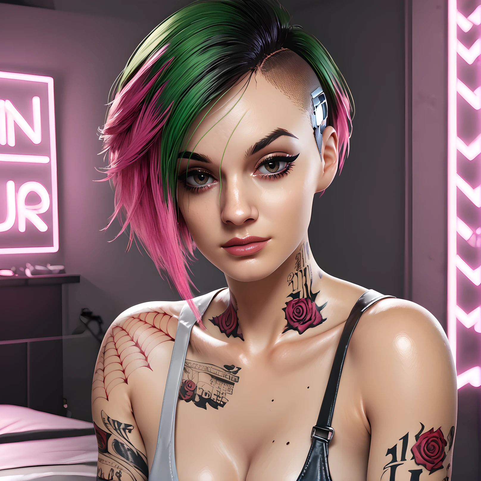 judy alvarez, 1girl, solo, tattoo, short hair, multicolored hair, green hair, arm tattoo, looking at viewer, realistic, undercut, pink hair, two-tone hair, makeup, asymmetrical hair, eye makeup, brown eyes, <lora:Judy_Álvarez_-_Cyberpunk_2077:0.9>
BREAK
level_9, level_8_up, level_7_up, level_6_up, level_5_up, source_cartoon, masterpiece 
BREAK
indoor, neon lights,