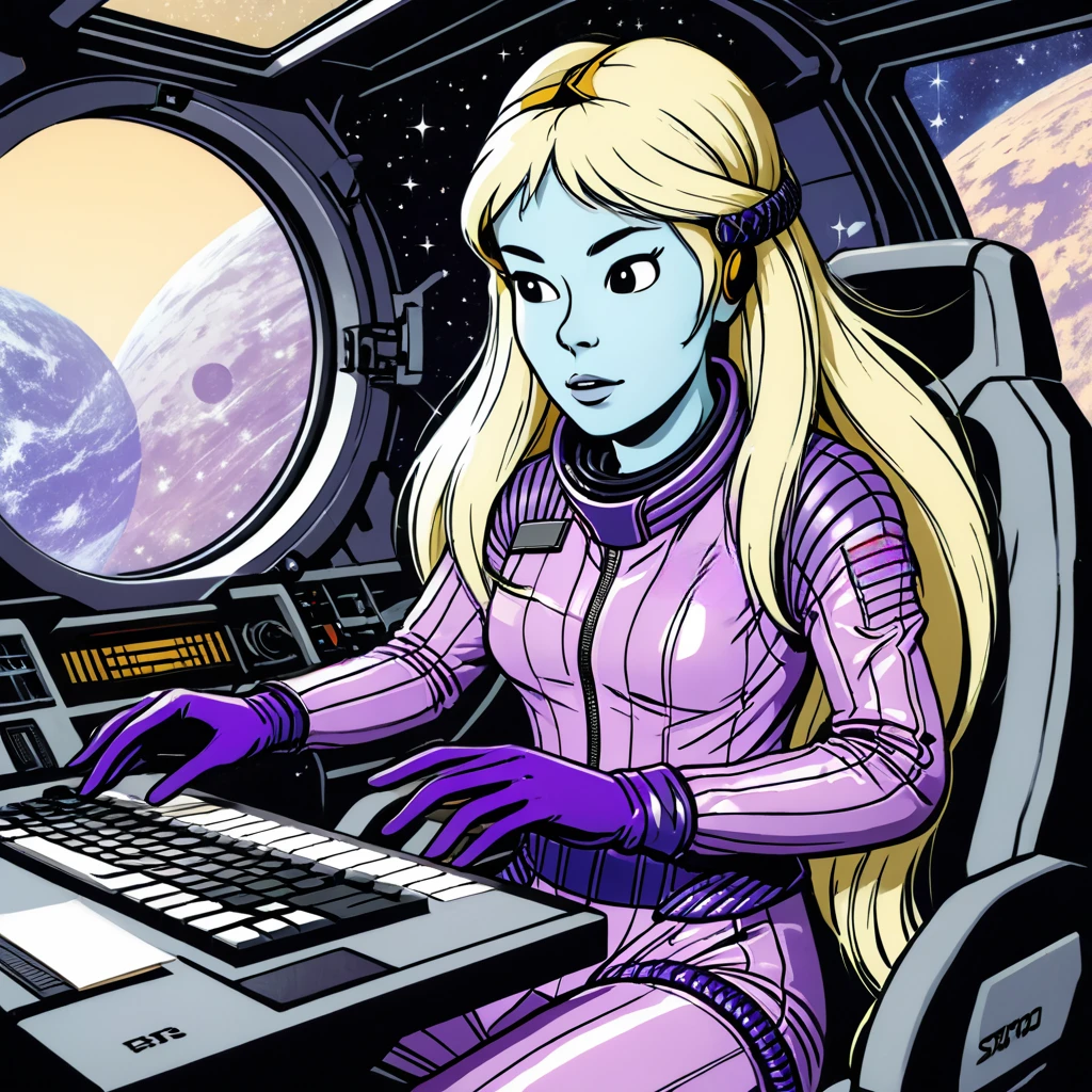 masterpiece, best quality, ultra_detailed, highres, absurdres, khany \(yoko tsuno\) <<lora:khany_xl_v4:1>, 1girl, long hair, blonde hair, colored skin, blue skin, headphones, light purple spacesuit, purple gloves, sit inside a spaceship cockpit, hands on a keyboard, navigation instruments, windows, stars, solo, graphic novels illustration, 1990s \(style\), traditional media, retro artstyle, futuristic, science fiction, (intricate details, extremely detailed:1.15), (ultrahigh resolution textures), (volumetric, cinematic) lighting