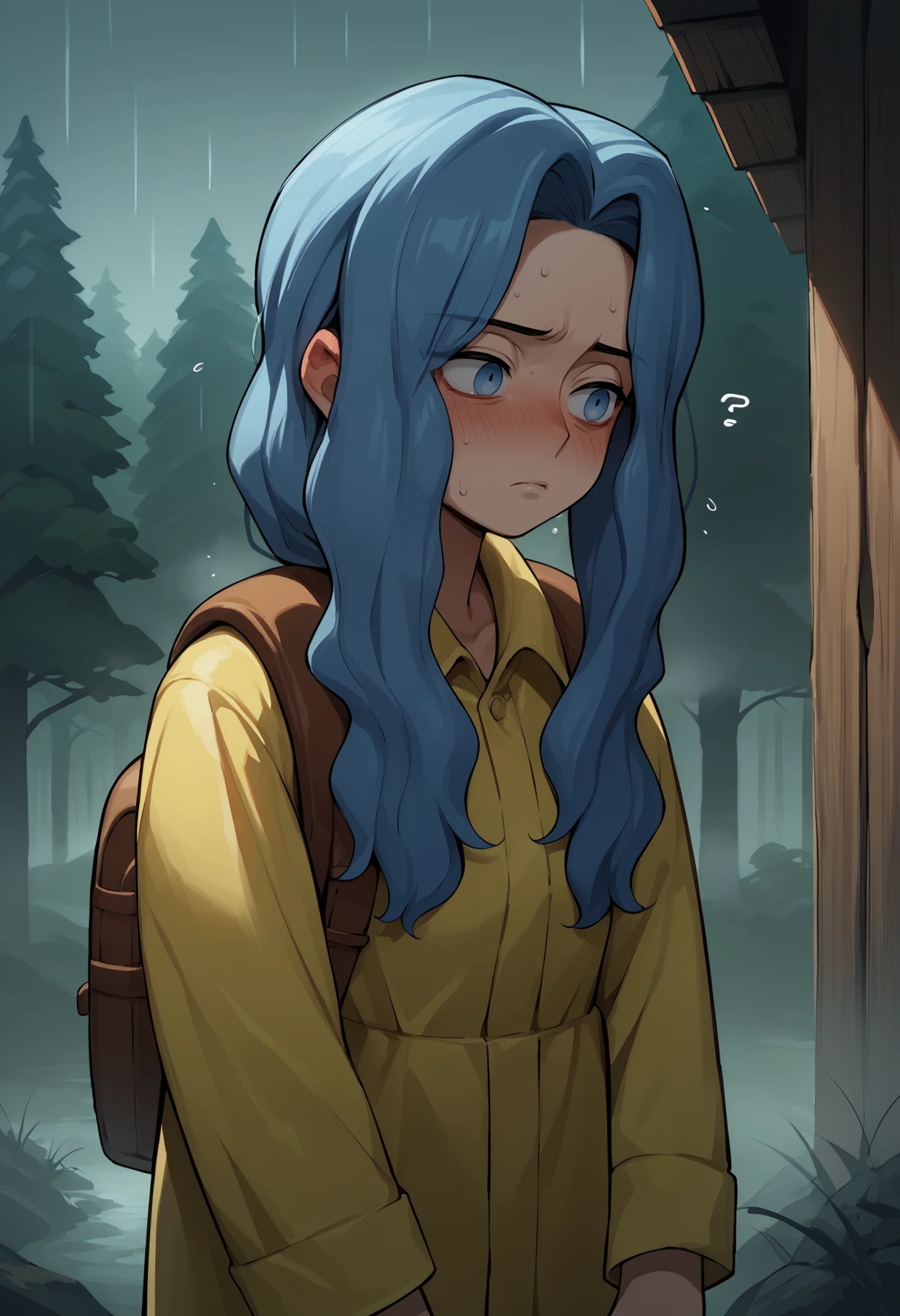 score_9, score_8_up,score_7_up, source_anime, 1girl, solo, <lora:Snq_pdxl_EliPot:1>, SQNA, long hair, blue hair, blue eyes, mature female,
 cabin, woods, fog, horror \(theme\), backpack, raincoat, rain, exhausted, sigh,blush, sweat, sweatdrop, shiny skin,