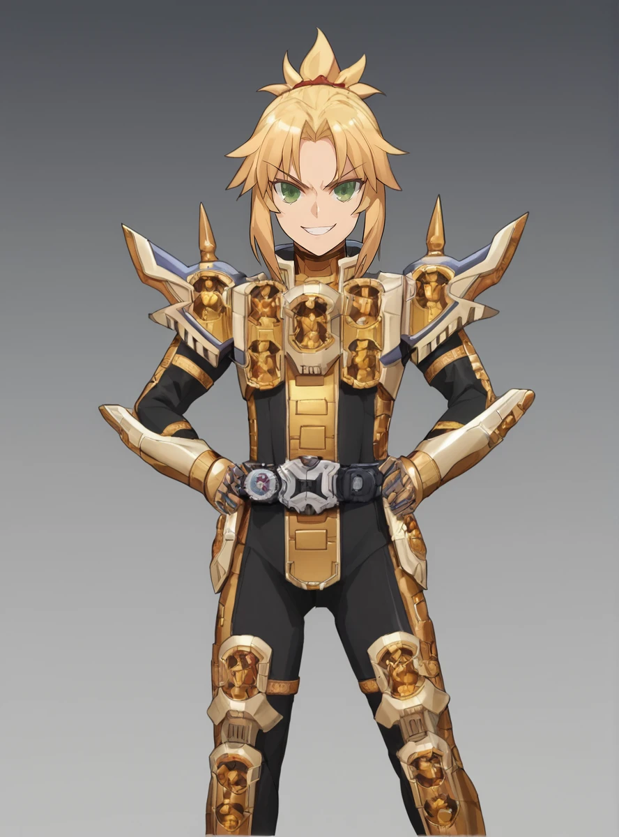 score_9, score_8_up, score_7_up, score_6_up, source_anime, anime screencap, uncensored, mordred \(fate/apocrypha\),  smirk,  helmetless  <lora:GrandZioSuit:0.8>armor, solo, , gold armor, grandziosuit, belt, rider belt, bodysuit ,  hands on hips,