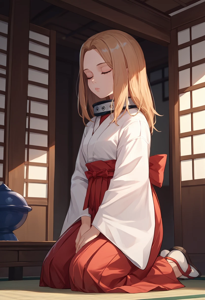 score_9, score_8_up, score_7_up, source_anime, solo, 1girl, utsushimi camie, expressionless, looking down, kneeling, closed eyes, japanese clothes, white kimono, red hakama, hakama skirt, indoors, east asian architecture <lora:mha_utsushimi_ponyXL:1>