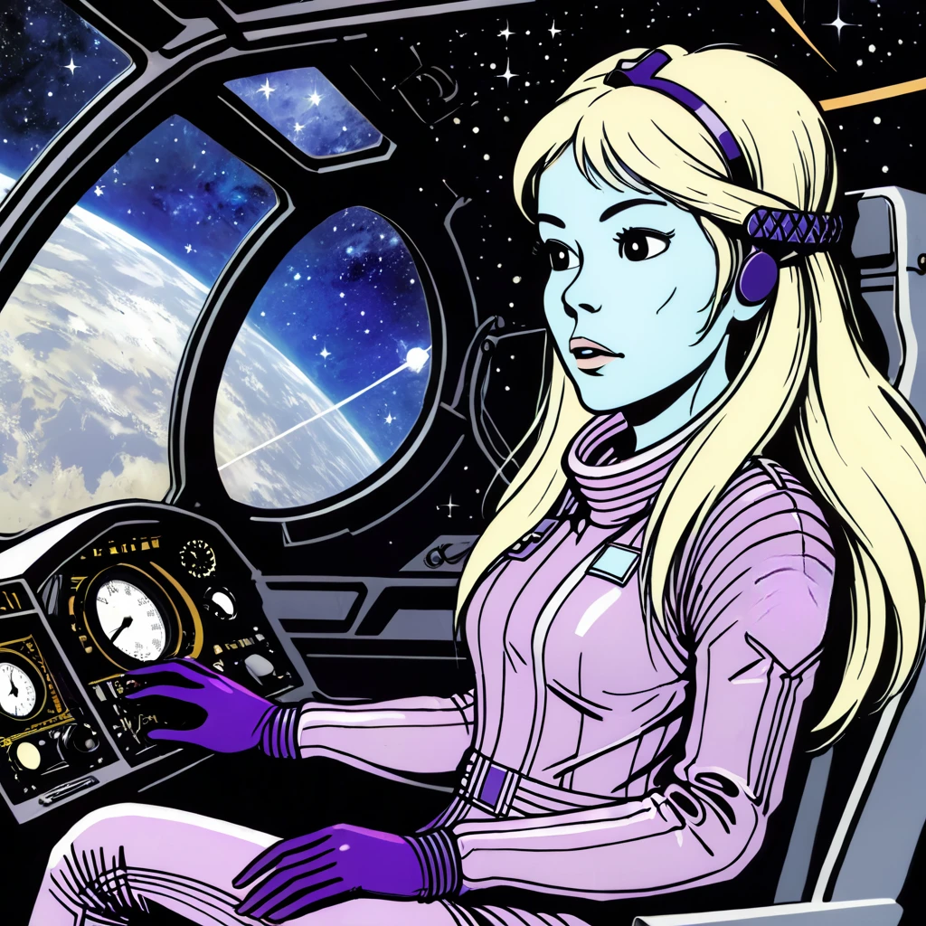 masterpiece, best quality, ultra_detailed, highres, absurdres, khany \(yoko tsuno\) <<lora:khany_xl_v4:1>, 1girl, long hair, blonde hair, colored skin, blue skin, headphones, light purple spacesuit, purple gloves, sit inside a spaceship cockpit, pilot, navigation instruments, solo, stars in the background, graphic novels illustration, 1990s \(style\), traditional media, retro artstyle, futuristic, science fiction, (intricate details, extremely detailed:1.15), (ultrahigh resolution textures), (volumetric, cinematic) lighting