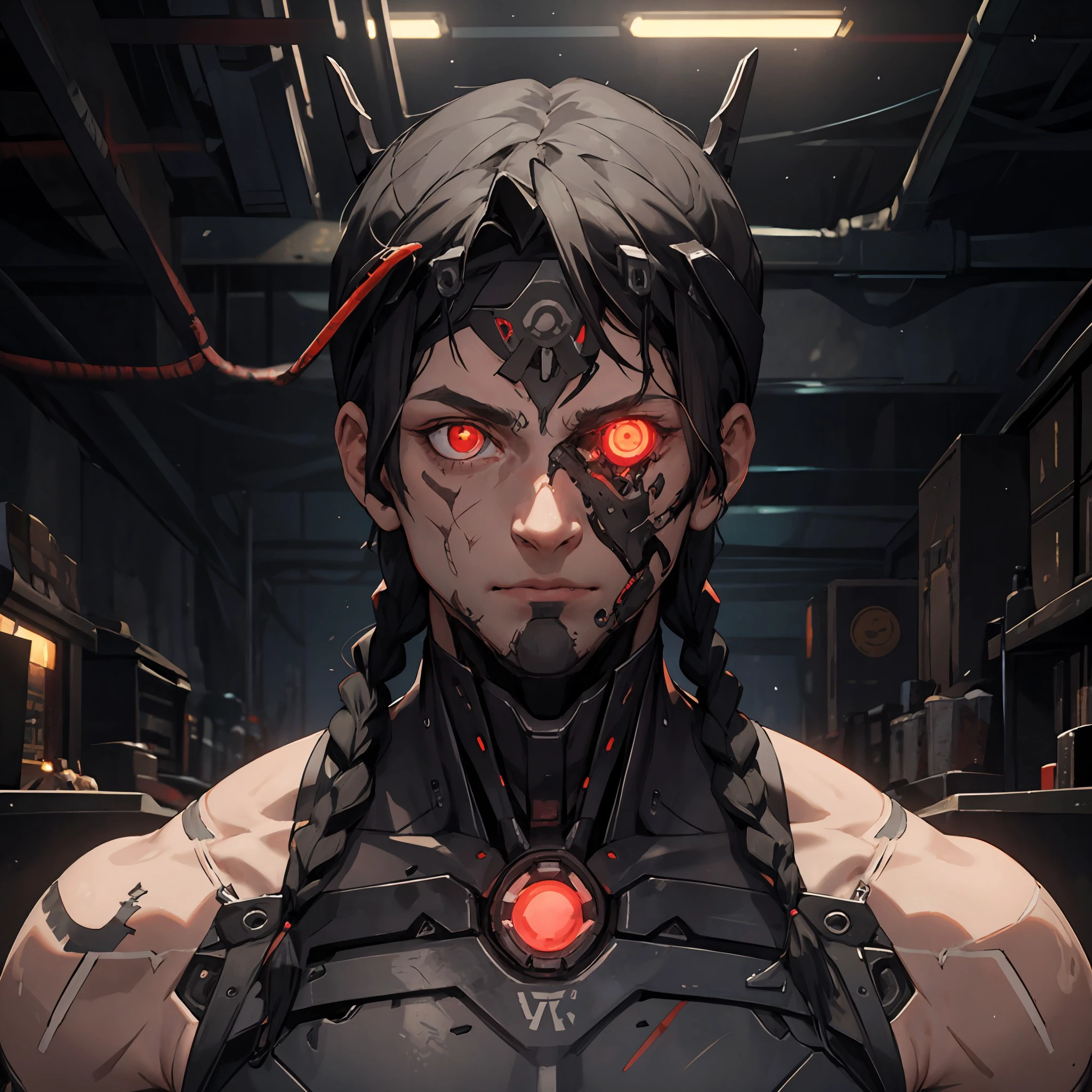 MaelstromCyberneticsV3, 1boy, (cybernetic visor:1.2), red eyes, red glow, cybernetic eyes, topless, tattoos, scars, cybernetic anatomy
BREAK
(masterpiece), best quality, expressive eyes, perfect face, half body, medium length hair, black braids)
BREAK
Combat training scenery
, , <lora:835f45db-03df-4054-b6a2-76d00558cff1:0.5>