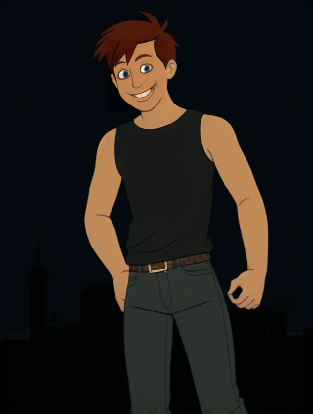 <lora:Marvelous_Misadventures_of_Flapjack-09:0.95>, 1boy, red hair, tall, city, outdoors, night, sleeveless shirt, jeans,smile,