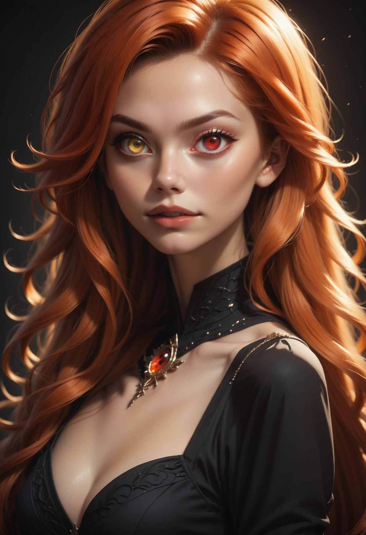 score_9, score_8_up, score_7_up,
1girl, solo, upper body, ginger hair, very long hair, black dress,
<lora:Dark_Heterochromia_Pony_v0.3:0.5> heterochromia, red eyes, left eye red, yellow eyes, right eye yellow,