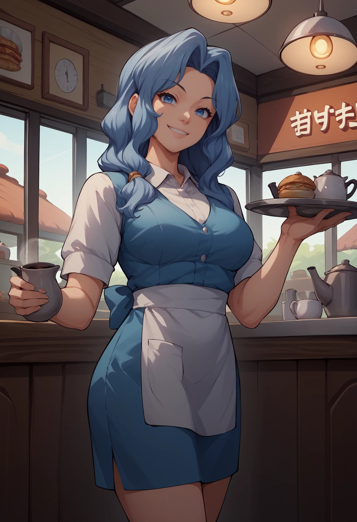 score_9, score_8_up,score_7_up, source_anime, 1girl, solo, <lora:Snq_pdxl_EliPot:1>, SQNA, long hair, blue hair, blue eyes, mature female,
 indoors, diner, holding, coffee pot, waitress, tray, serving, standing, smile