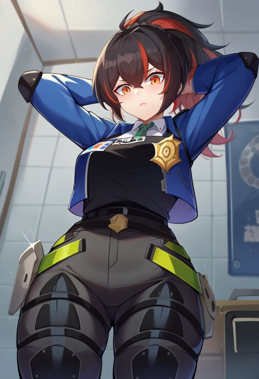 score_9,score_8_up,score_7_up BREAK <lora:zhuyuan:1>,zhuyuan,1girl,orange eyes,shirt,black hair,ponytail,red hair,necktie,black gloves,white shirt,collared shirt,belt,pants,streaked hair,black pants,blue jacket,black vest,police uniform,knee pads,long sleeves,room,room background,cowboy shot,from below,arms behind head,