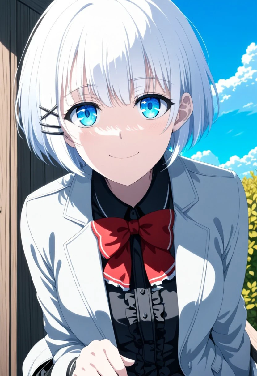 White hair, short hair, blue eyes, xhairclip hairclip, eye catching, siesta,
siesta, short hair, bangs, blue eyes, hair ornament, white hair, hairclip, smile,
BREAK dress, bow, bowtie, red bow, red bowtie, shirt, long sleeves, jacket, pantyhose, frills, shoes, grey jacket, open clothes, black shirt,
BREAK outdoors,
BREAK looking at viewer, dynamic pose, cowboy shot,
BREAK , (masterpiece:1.2), best quality, high resolution, unity 8k wallpaper, (illustration:0.8), (beautiful detailed eyes:1.6), extremely detailed face, perfect lighting, extremely detailed CG, (perfect hands, perfect anatomy),