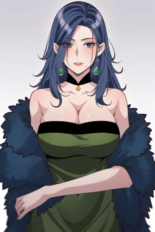 1girl, solo, mature female, green dress, blue fur, (looking at viewer:1.2), facing viewer, he_shiqin,cleavage, earrings, jewelry