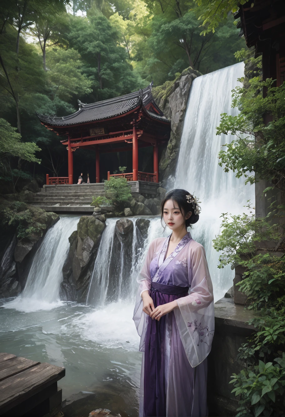 ,ruanyi0824,outdoors,forest,waterfall,east asian architecture,
in water,,ruanyi0752,hanfu,purple dress,see-through,wide sleeves,<lora:0824 building in forest_v1_pony:1>,<lora:0752 Wisteria butterfly hanfu_v1_pony:0.7>, score_9,score_8_up,score_7_up,,8k,1girl,solo,,