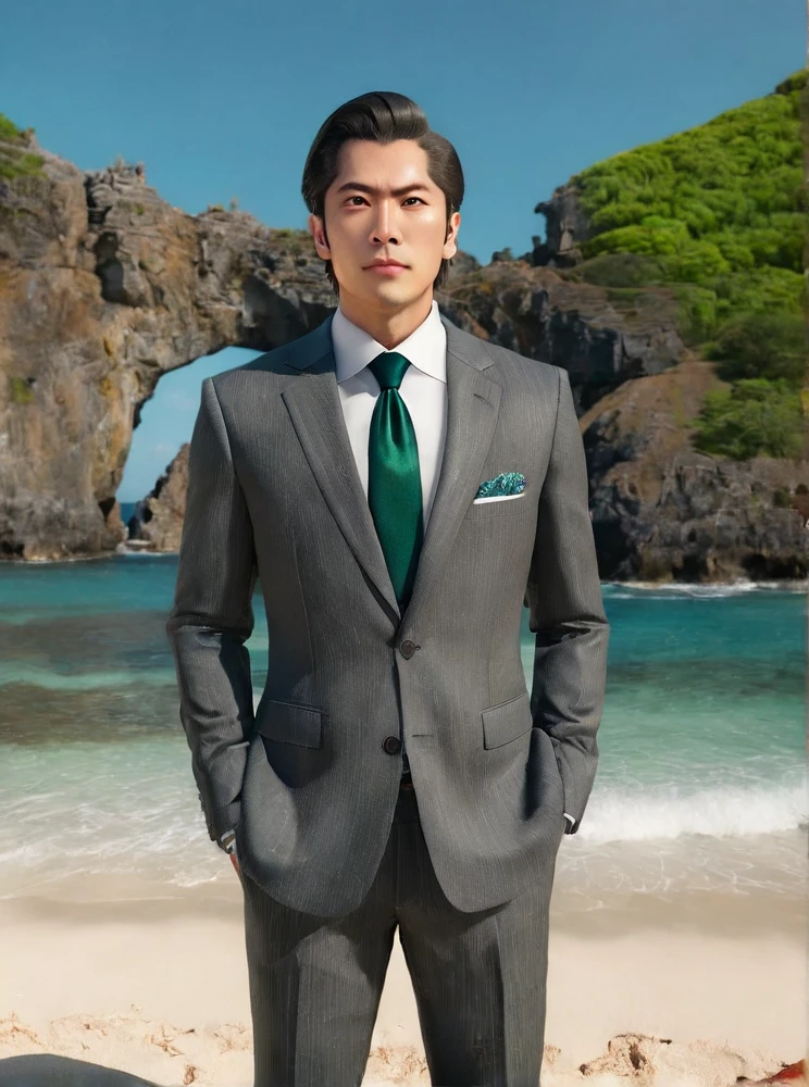 <lyco:Hajime_Ogasawara:0.9>, <lyco:Ogasawara:0.8>, highly detailed professional 8k raw photography, best hyperrealistic quality backgrounds, volumetric real-time lighting and shadows, Ogasawara_Islands, clear water, beach,cliff, rock, blue sky, clouds, (Hajime_Ogasawara) wearing gray suit and green tie is standing, he looking at you, black eyes, black_Hair, close up