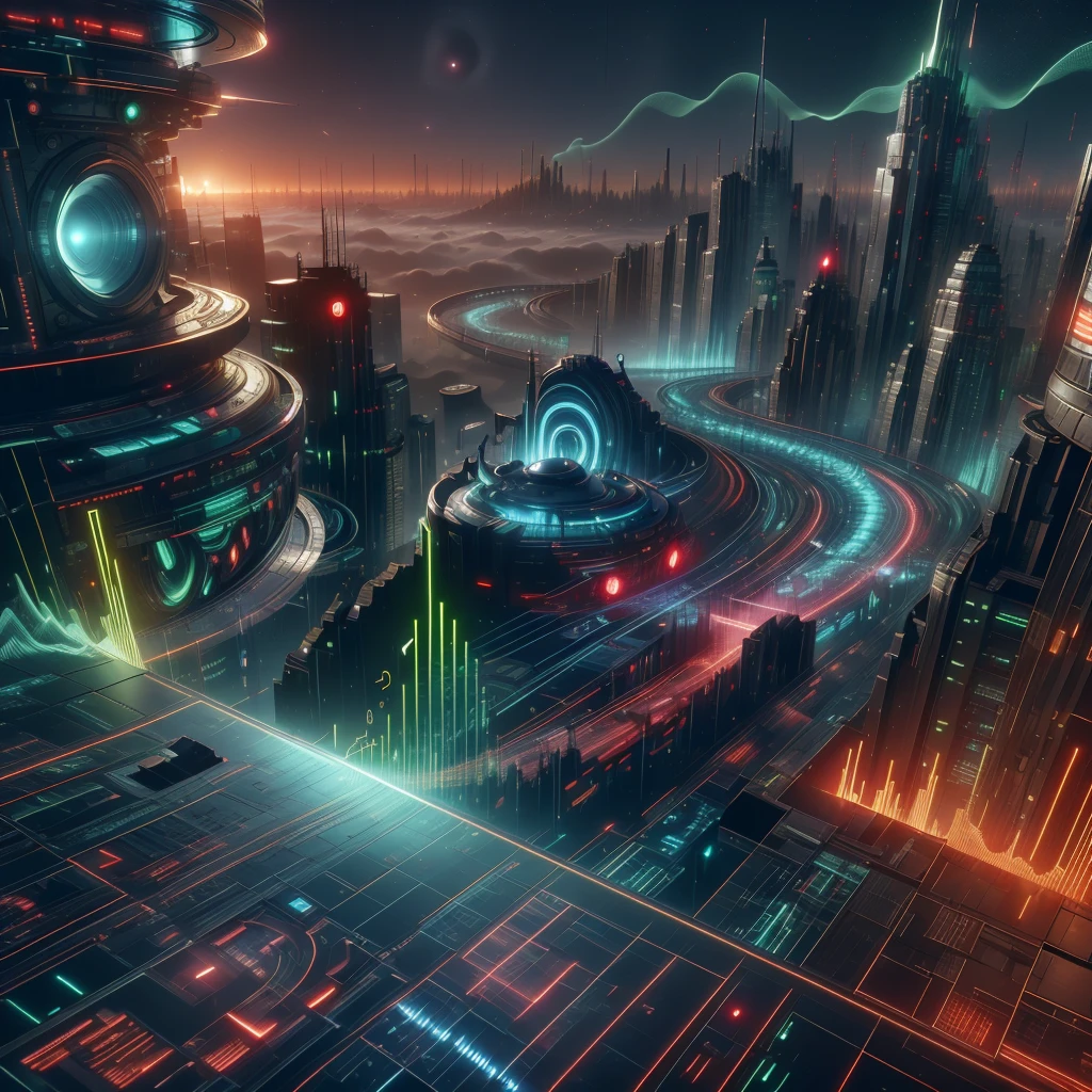 <lora:NaviSoundwaveTech:0.9> soundwavetech ,scifi, digital music,glowing frequencies,
city, buildings, rooftop view, windows, airships, morning,