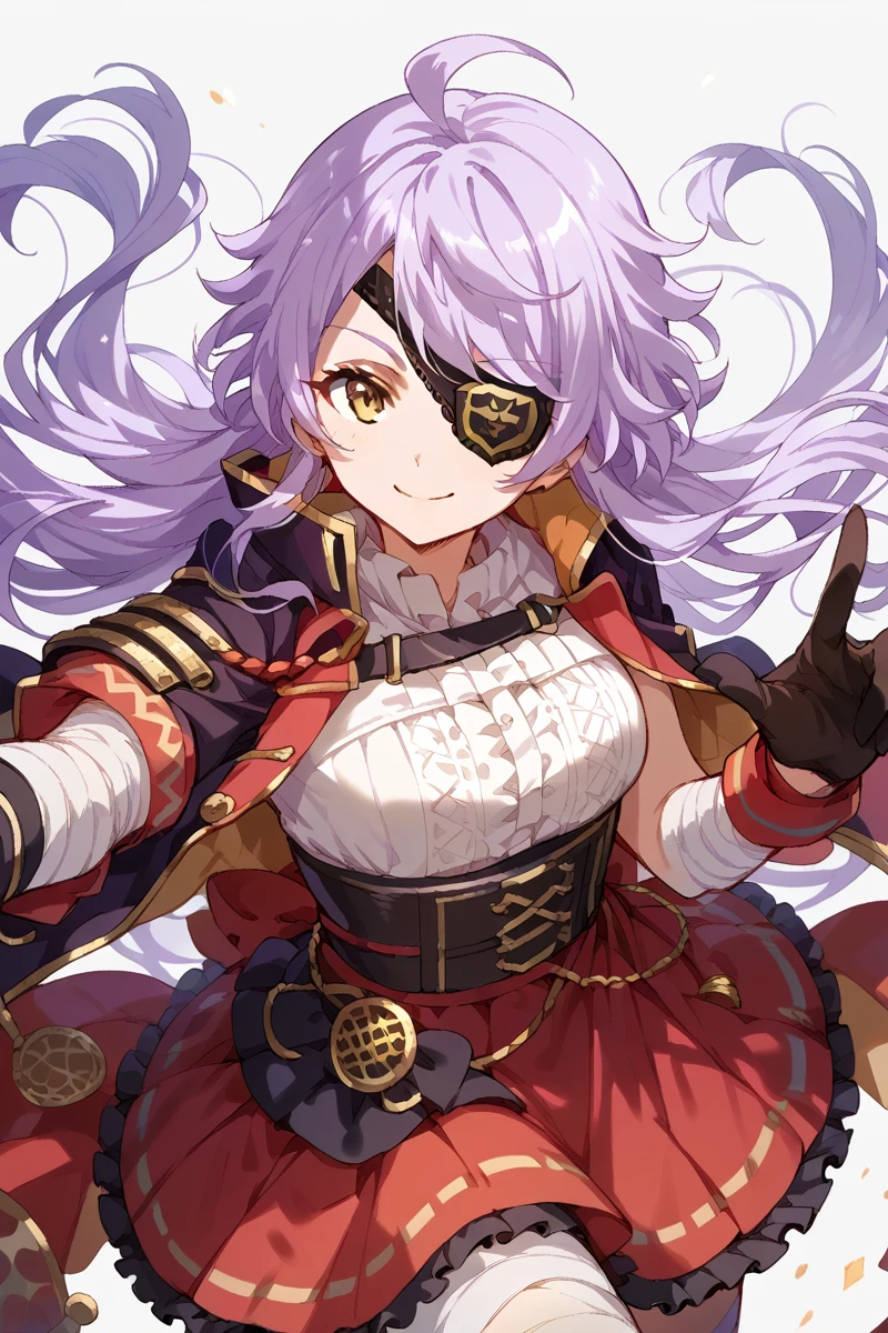 score_9, score_8_up, score_7_up, score_6_up, 1girl,
 <lora:Ichie_Otonashi:0.9> ichie, long hair, solo, gloves, black gloves, skirt, eyepatch, looking at viewer, ahoge, yellow eyes, smile, bandages, purple hair, red skirt