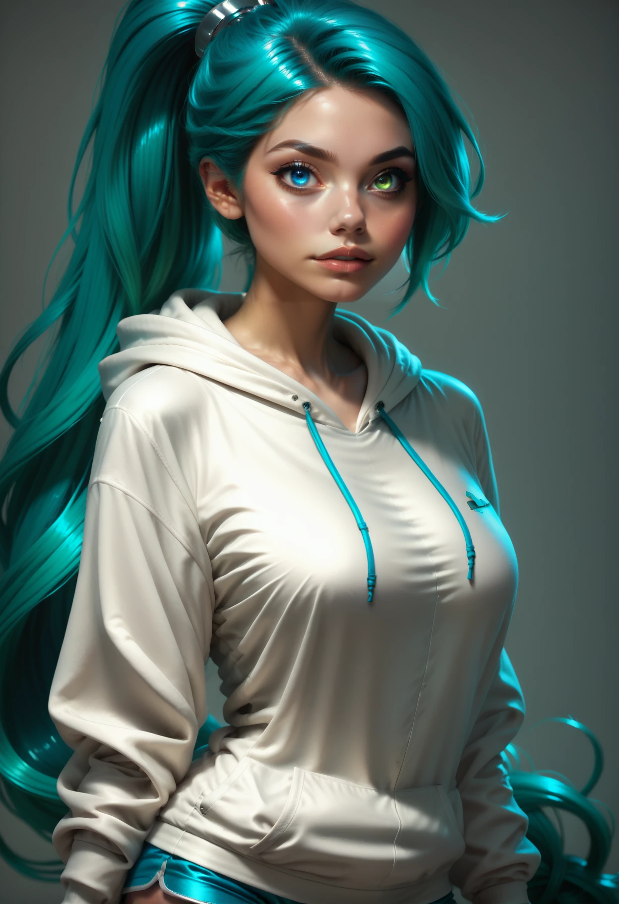 score_9, score_8_up, score_7_up,
1girl, solo, cowboy shot, aqua hair, very long hair, high ponytail, white hoodie, long hoodie, short shorts.
<lora:Dark_Heterochromia_Pony_v0.3:1.0> heterochromia, green eyes, left eye green, blue eyes, right eye blue,