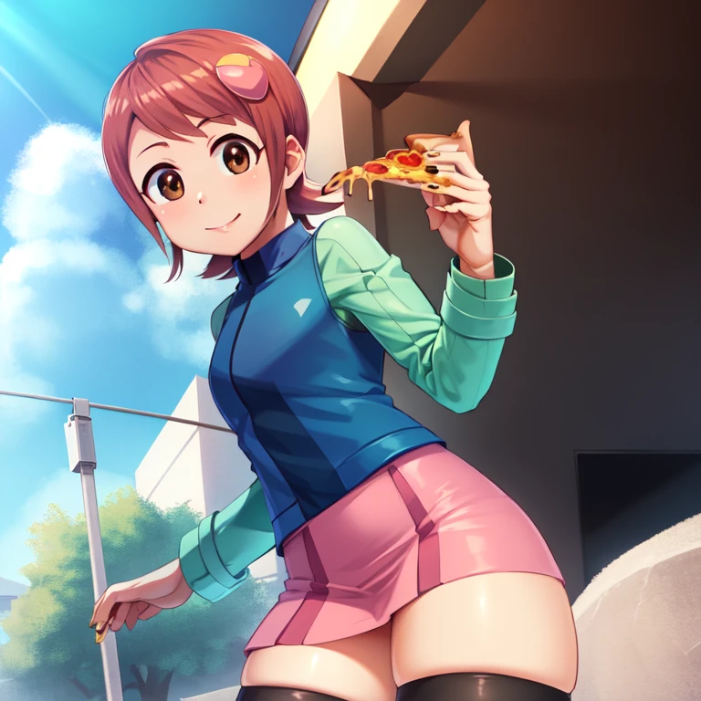 (masterpiece, best quality, highres:1.4), highly detailed, detailed shading, vibrant colors, idolmaster, love live!, 1girl, solo, mayl_sakurai, blue jacket, green sleeves, pink skirt, hair ornament, thighhighs,  brown eyes, red hair, black thighhighs, zettai ryouiki, <lora:mayl_sakurai:1>,holding pizza, pizza, pizza slice, pizza box,