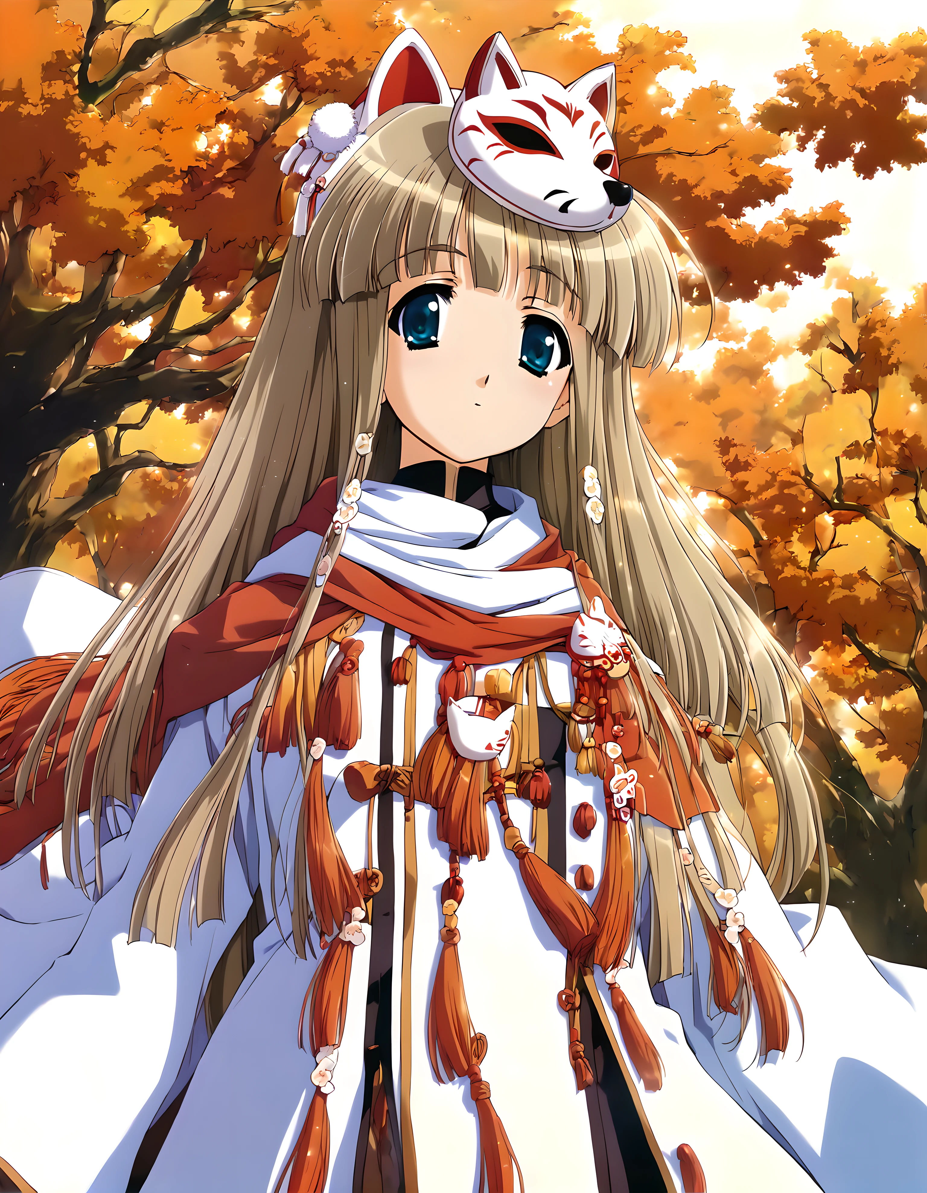 <lora:pony_xl_amu:0.8>,amu,score_9,score_8_up,score_7_up,source_anime,best quality,masterpiece,super fine illustration,1girl,solo,long_coat,long sleeves,scarf,shawl,poncho,fringe trim,in autumn,day,sky,cowboy_shot,looking_at_viewer,standing,mask,masked,fox_mask,the face of the fox,put on the mask,