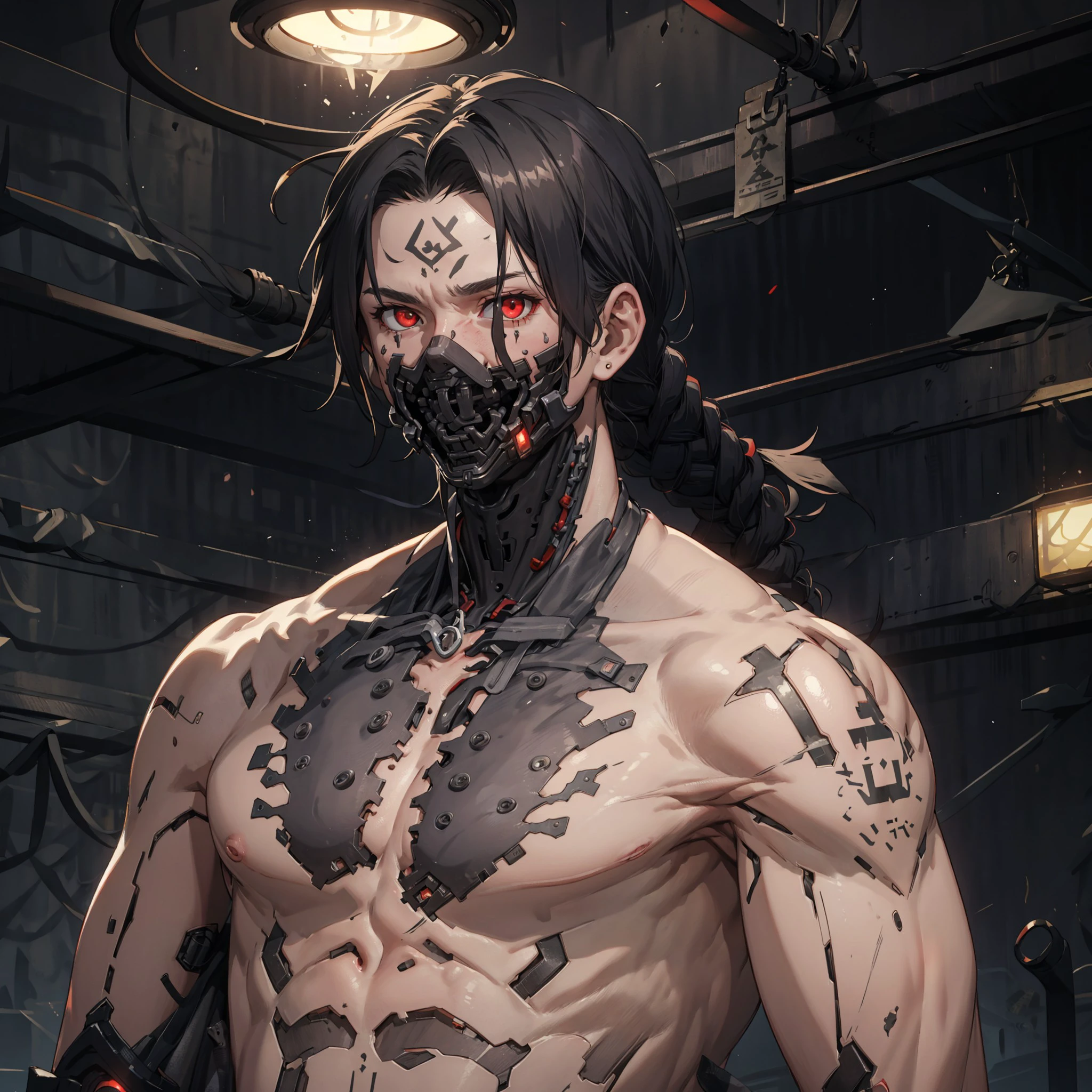 MaelstromCybertronicsV3, 1boy, red eyes, red glow, (removed jaw:1), topless, tattoos, scars, cybernetic anatomy
BREAK
(masterpiece), best quality, expressive eyes, perfect face, half body, medium length hair, black braids)
BREAK
Combat training scenery, , <lora:835f45db-03df-4054-b6a2-76d00558cff1:0.5>