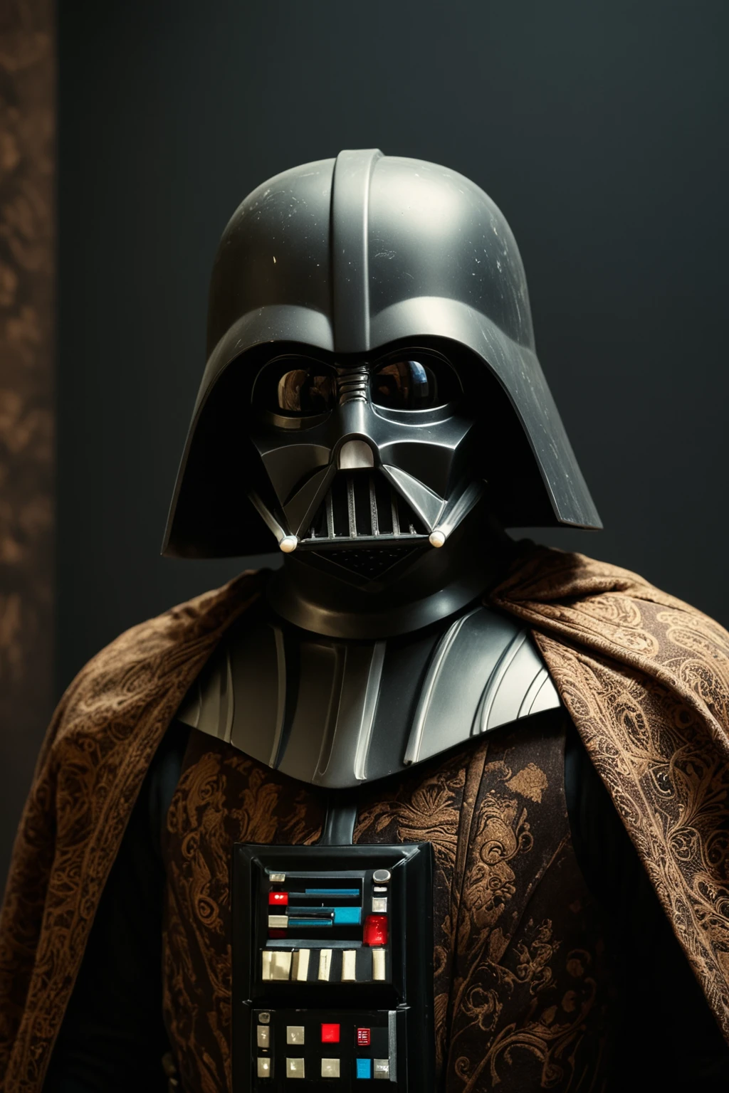 cinematic still Darth Vader wearing brown of batik fabrics armor in front black wall, masterpiece, UHD, sharp and in focus, <lora:Indonesian_Batik_Morph:1> . emotional, harmonious, vignette, highly detailed, high budget, bokeh, cinemascope, moody, epic, gorgeous, film grain, grainy