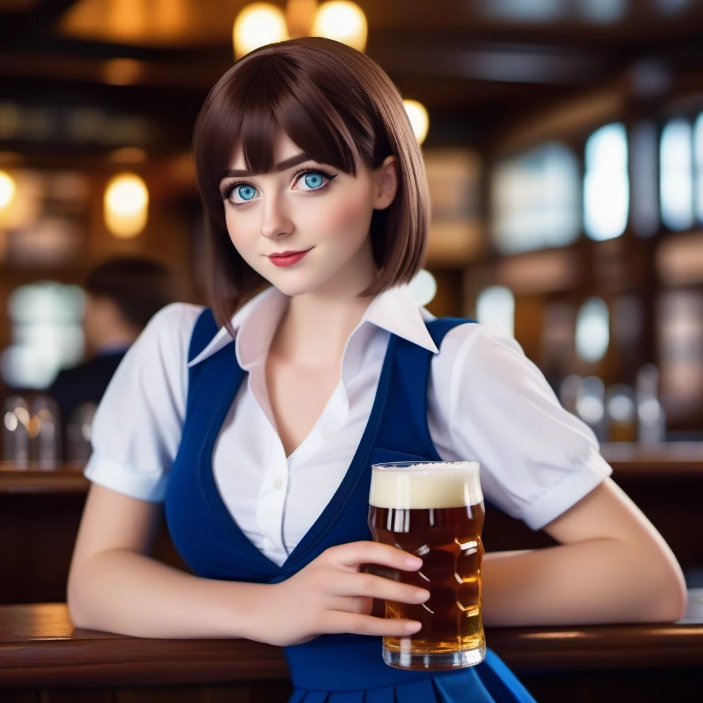 cinematic photo  1girl, large breast, short brown hair, blue eyes, school uniform, skirt, having a beer in a pub<lora:Tawawa1024:0.7> . 35mm photograph, film, bokeh, professional, 4k, highly detailed