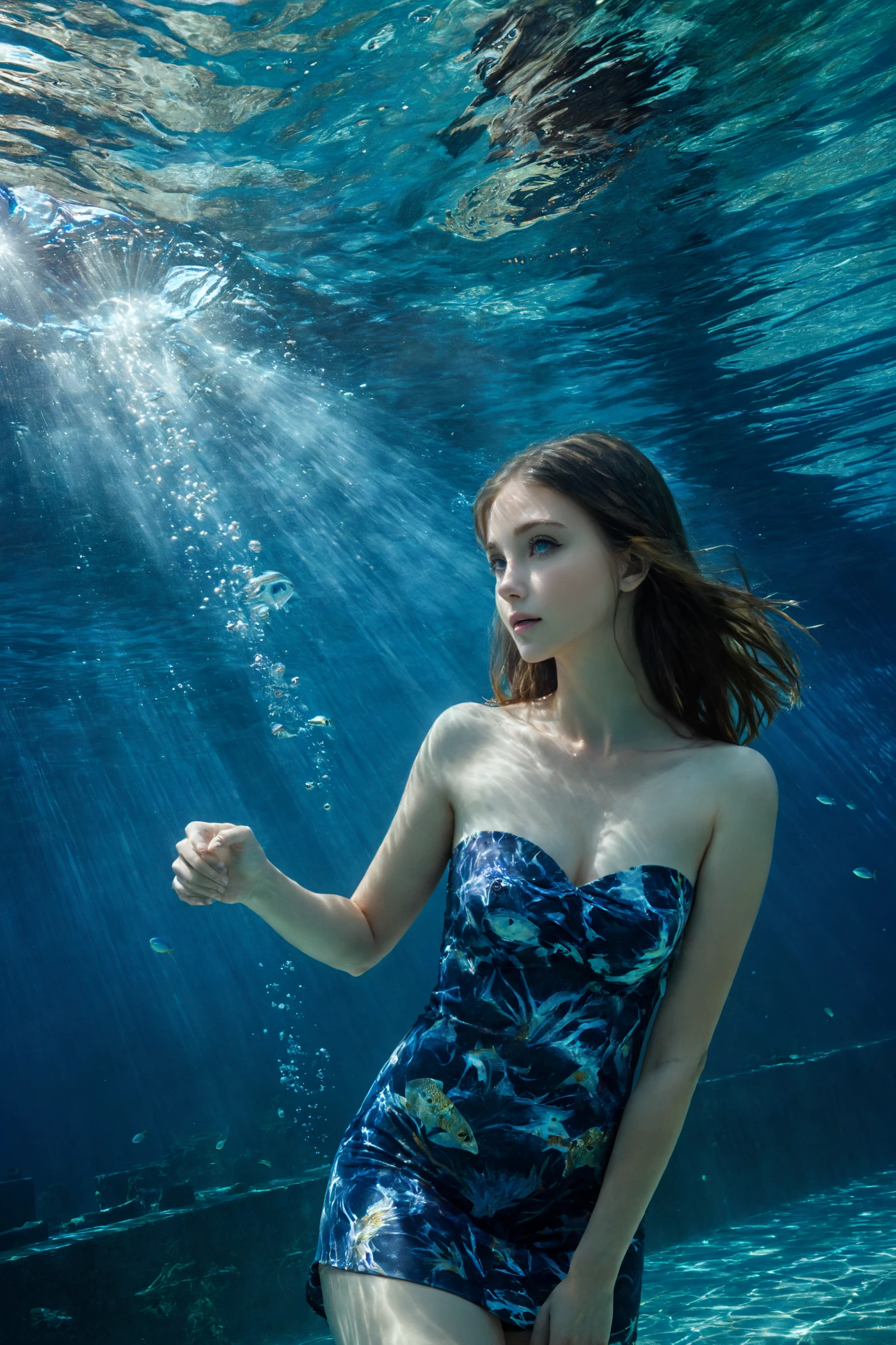 1girl, dives underwater, upside down, flows down, loose and short tunic, detailed skin texture, beautiful blue sea, sunlight streaming through the water, flowing hair, dreamlike atmosphere, vibrant underwater world, (8k, RAW photo, best quality, masterpiece:1.2),(realistic, photo-realistic:1.37),