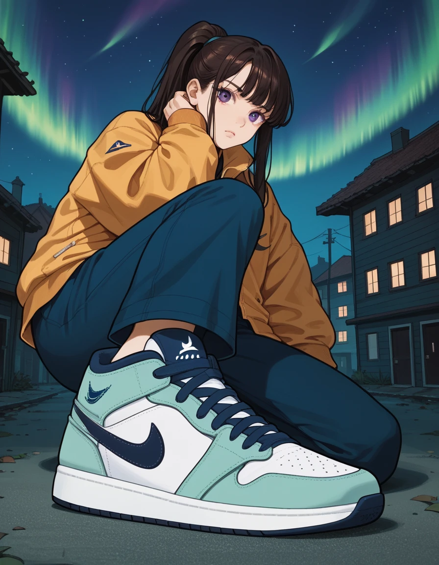 score_9, score_8_up, score_7_up, score_6_up, score_5_up, score_4_up, hud_sh03_sh0w, 1girl, solo, sneakers, nike, pants, jacket, foreshortening, ponytail, looking at viewer, <lora:hud_sh03_sh0w_XLP:0.6>, night sky, aurora