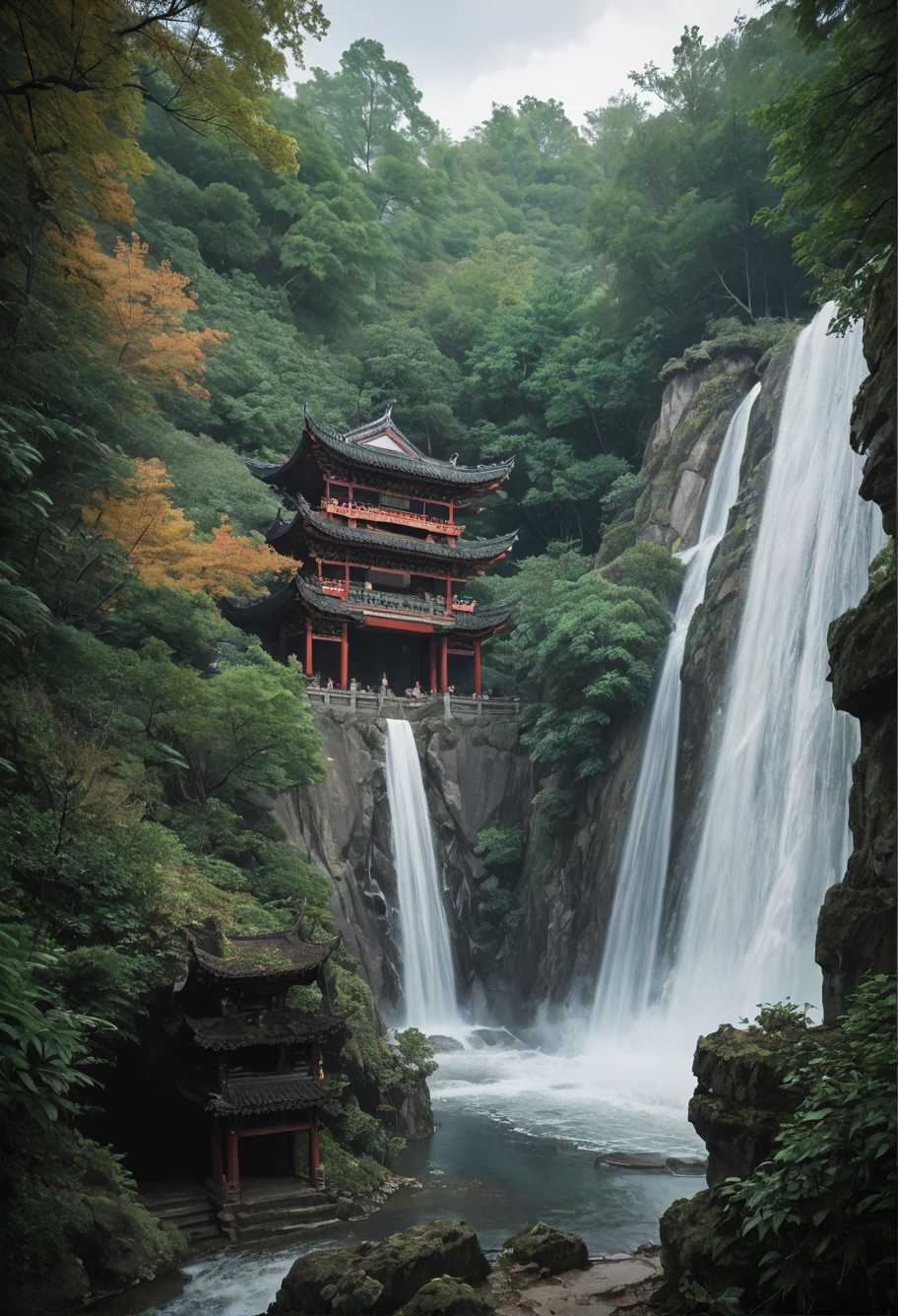 ,ruanyi0824,outdoors,forest,waterfall,east asian architecture,<lora:0824 building in forest_v1_pony:1>, score_9,score_8_up,score_7_up,,8k,1girl,solo,,