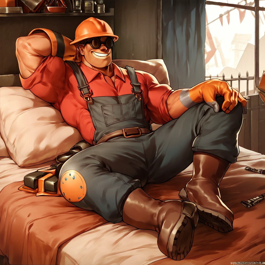 score_9, score_8_up, score_7_up, score_6_up, score_5_up, score_4_up, tf2engineer, redengie, hardhat, sunglasses, single glove, bed, reclining male, muscular male, arm behind head, smile, boots, overalls, red shirt