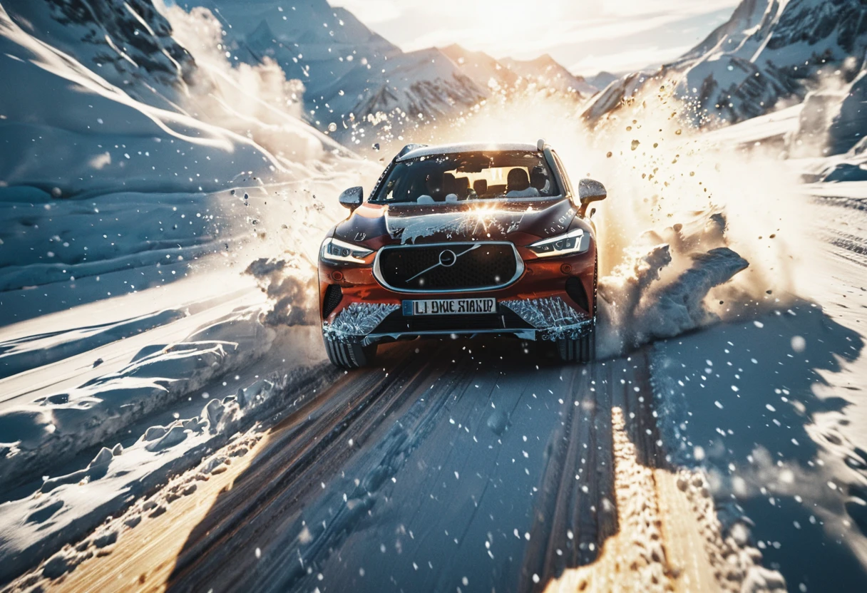 midjourneylora, car driving trough snow,Cinematic Lighting, Dramatic lighting, high contrast, detailed shadows, high-resolution