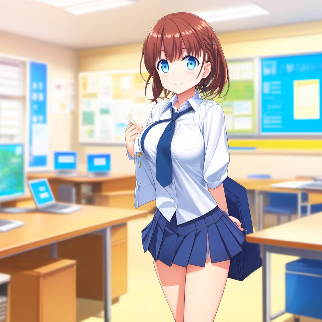 anime artwork  full body portrait of 1girl, large breast, short brown hair, blue eyes, school uniform, skirt, in a school<lora:Tawawa1024:0.7> . anime style, key visual, vibrant, studio anime,  highly detailed