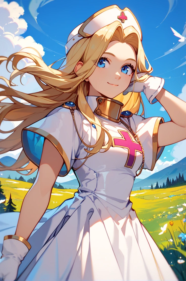 score_9, score_8_up, score_7_up, source_anime, 
mountains, 
cowboy shot, upper body, 
adjusting hair, looking sideways, floating hair, light smile,
<lora:mint_autismConfetti_v03:0.9>mintBase, blonde hair, long hair, blue eyes, parted bangs, white dress, short sleeves, white gloves, white cap, white footwear,  zPDXL, zPDXL