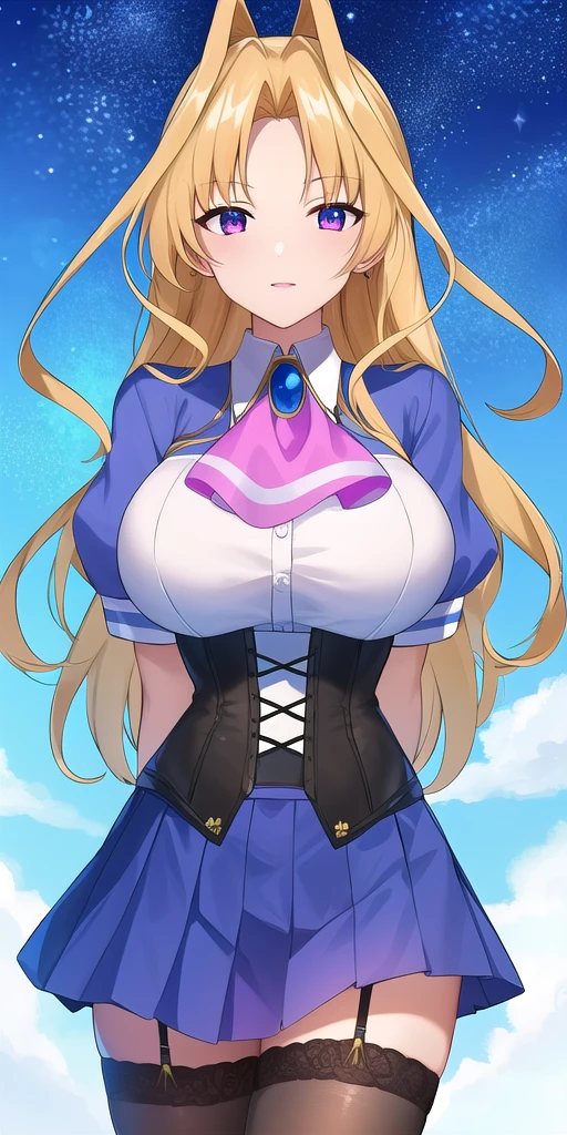 (masterpiece), (highest quality), ((Super detailed))、(super delicate)、Cute naughty knight armor girl、Pastel colors hair、(large breasts:1.2, Thighs:1.2, thick legs:1.2, curvy:1.2)、Gorgeous、blonde hair, hair down, bangs between eyes, long hair, blue eyes,(naked:1.3), standard height, (blush:1.2, expressionless), holding sword, garter ring