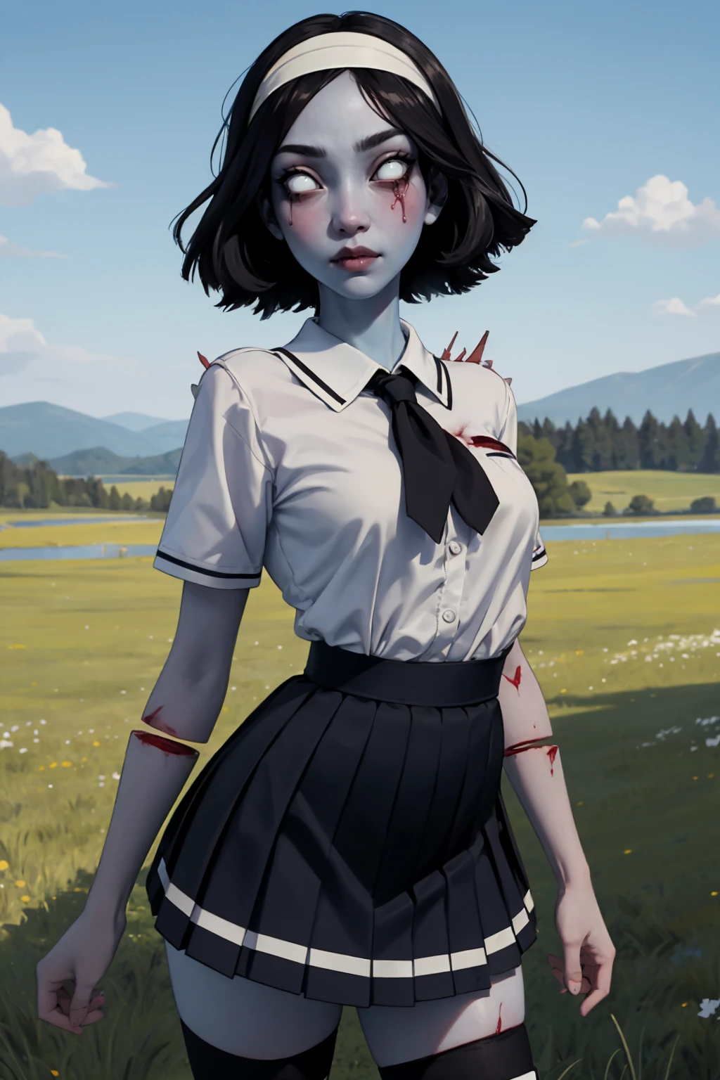 masterpiece, best quality,
1girl, spdbdl, black hair, short hair, white eyes, no pupils, blue skin,
headband, pleated skirt, school uniform, white shirt, black thighhighs, torn clothes, blood on clothes, 
solo, looking at viewer, grass, blue sky, meadow background  <lora:SpiritDeadByDaylight:1>