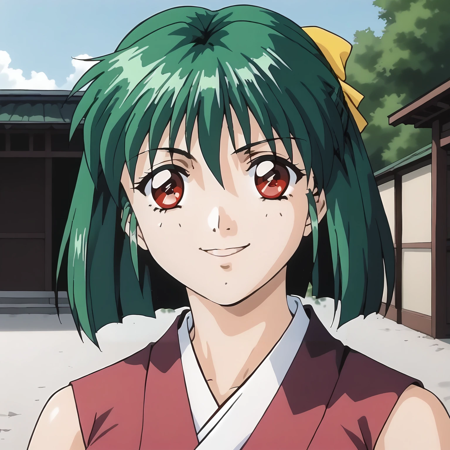 <lora:YakuXLpony003>,
looking at viewer,smile,parted lips,
solo,
Yaku,1girl,green hair,short hair,half updo,hair ribbon,red eyes,
short_kimono,sleeveless,
outdoors,