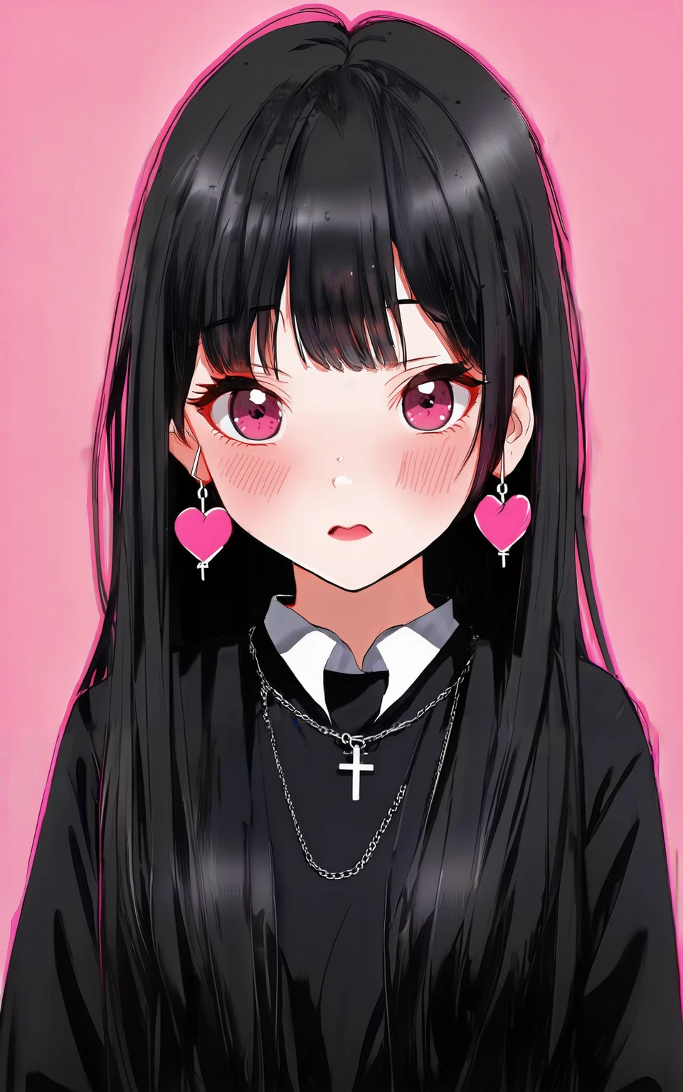 anime style, 1girl,long hair,looking at viewer,bangs,simple background,shirt,black hair,red eyes,jewelry,upper body,heart,earrings,blunt bangs,necklace,collar,two side up,black shirt,piercing,pink background,cross,ear piercing,spikes,cross necklace,heart earrings,cross earrings,heart necklace