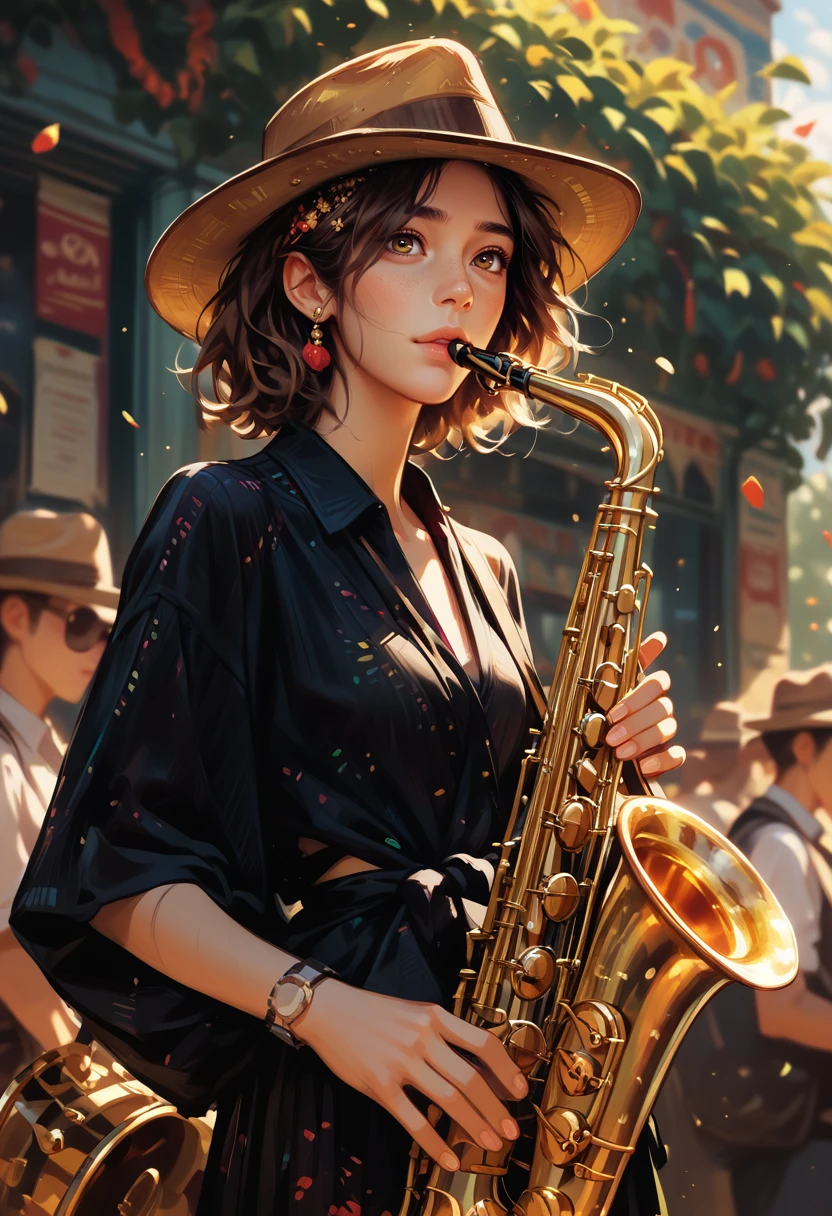 score_9, score_8_up, score_7_up, score_6_up, score_9, score_8_up, score_8, 1woman, SH_S4X, standing, carnival, instrument, solo, solo focused, fedora, hazel eyes, playing instrument,   <lora:Sheeps_Saxophone:0.8>