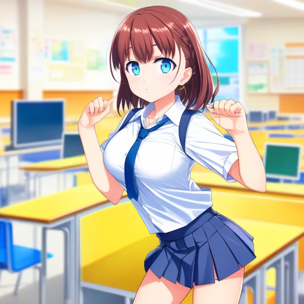 anime artwork  full body portrait of 1girl, large breast, short brown hair, blue eyes, school uniform, skirt, in a school<lora:Tawawa1024:0.7> . anime style, key visual, vibrant, studio anime,  highly detailed