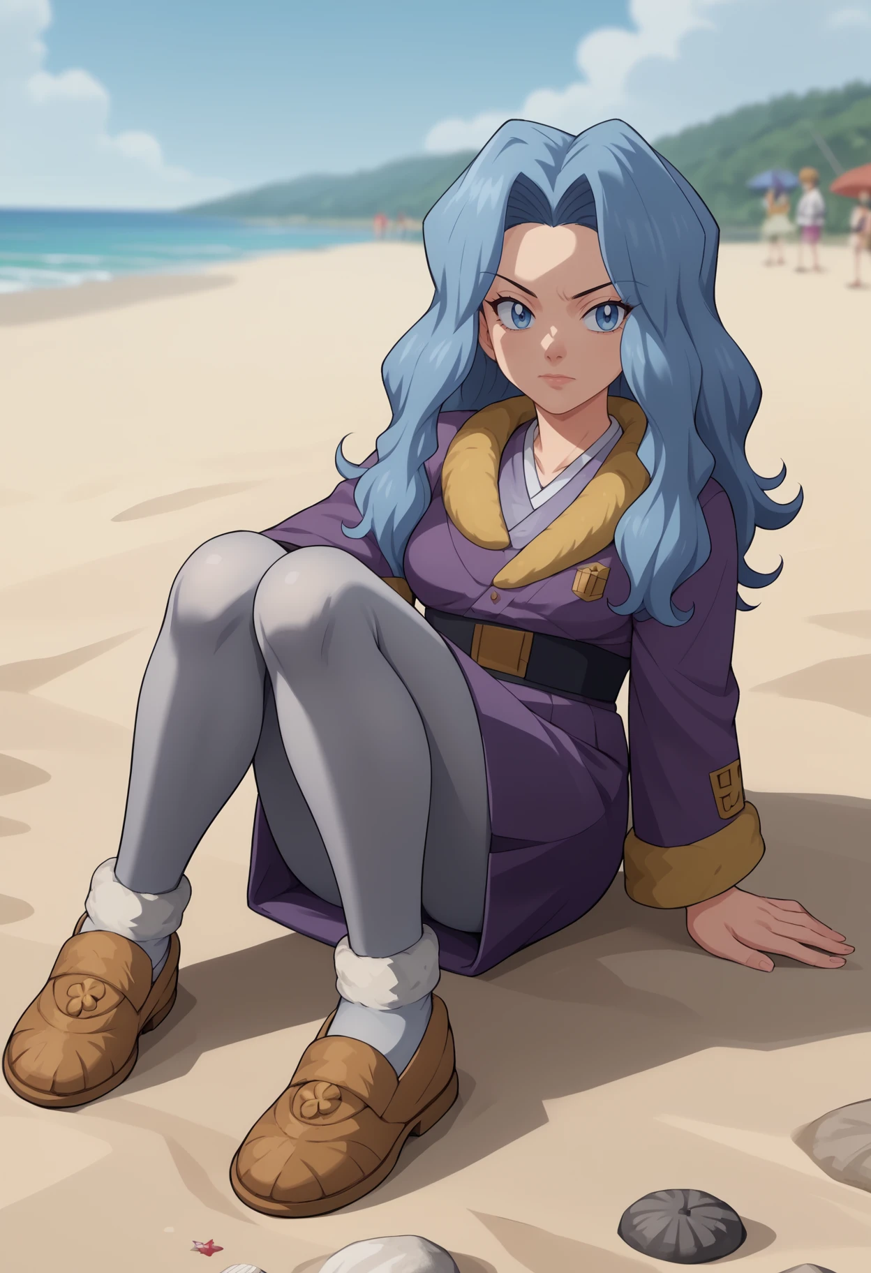 score_9, score_8_up,score_7_up, source_anime, 1girl, solo, <lora:Snq_pdxl_EliPot:1>, SQNA, long hair, blue hair, blue eyes, mature female,
purple jacket, purple skirt, fur trim, japanese clothes, grey pantyhose, shoes, brown footwear, white shirt,
isle, beach, blurry background, anime screencap, anime colouring, 1990s \(style\), retro artstyle, sugimori ken \(style\),