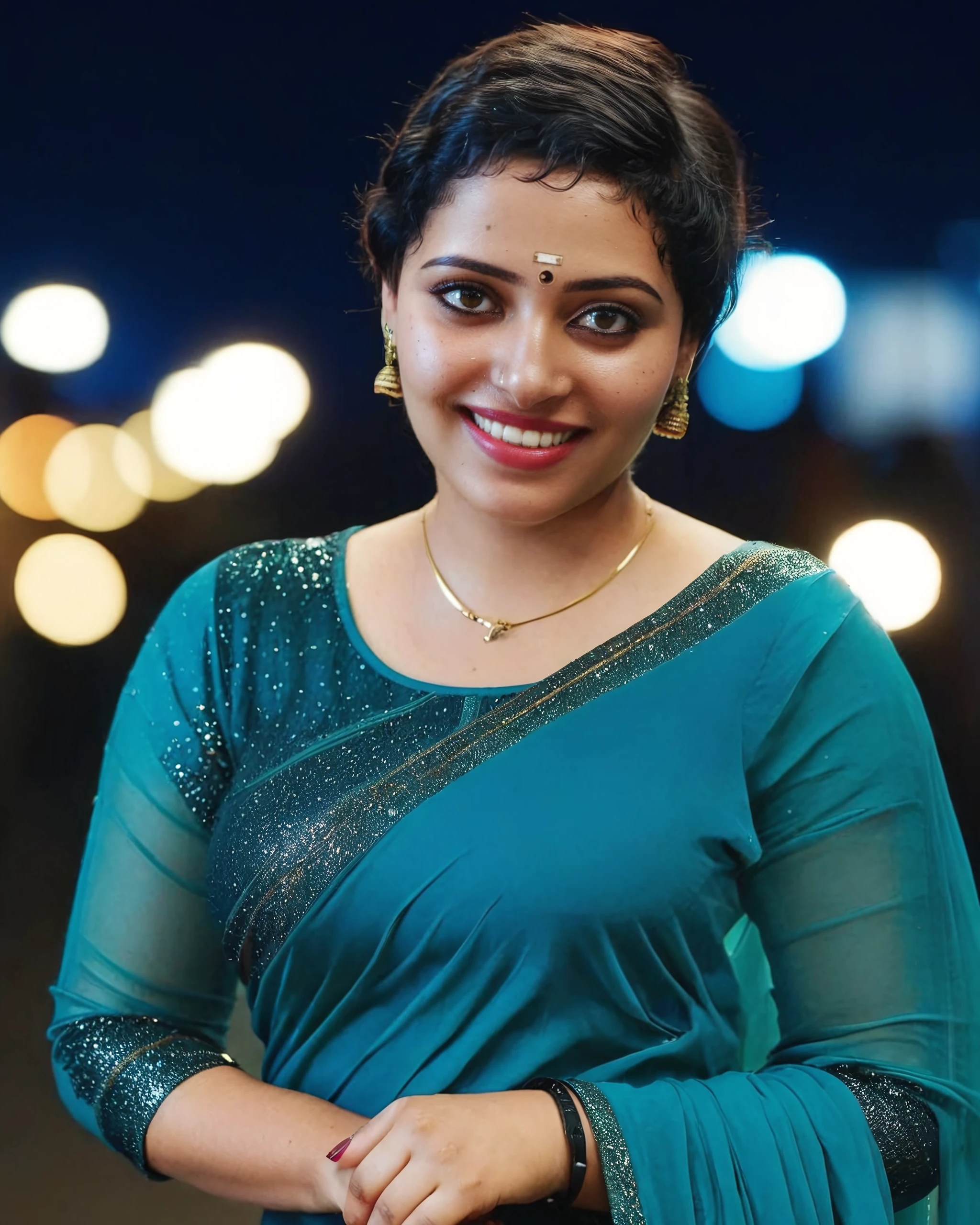 portrait photo of Anu Sithara woman, solo, pixie hair cut, smile, nose piercing, looking at the camera,  Cyan saree and blouse, night time, contrasting background bokeh,    <lora:Anu_Sithara_SDXL_LoRA_prodigy_local_xformers_HNE-000010:1>