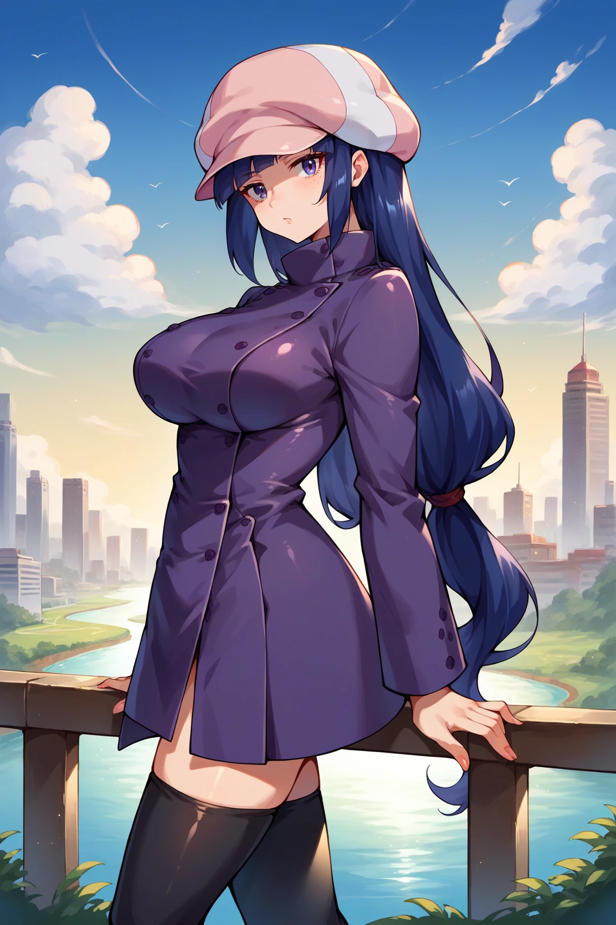 score_9, score_8_up, score_7_up, score_6_up, source_anime, 1girl, solo,  <lora:mihoshi-pdxl-nvwls-v1-000005:1> mihoshi, long hair, blue hair, cabbie hat, purple peacoat, purple coat, long sleeves, big breasts, whole body, black thighhighs, looking at you, from side, blue sky, clouds, river, city