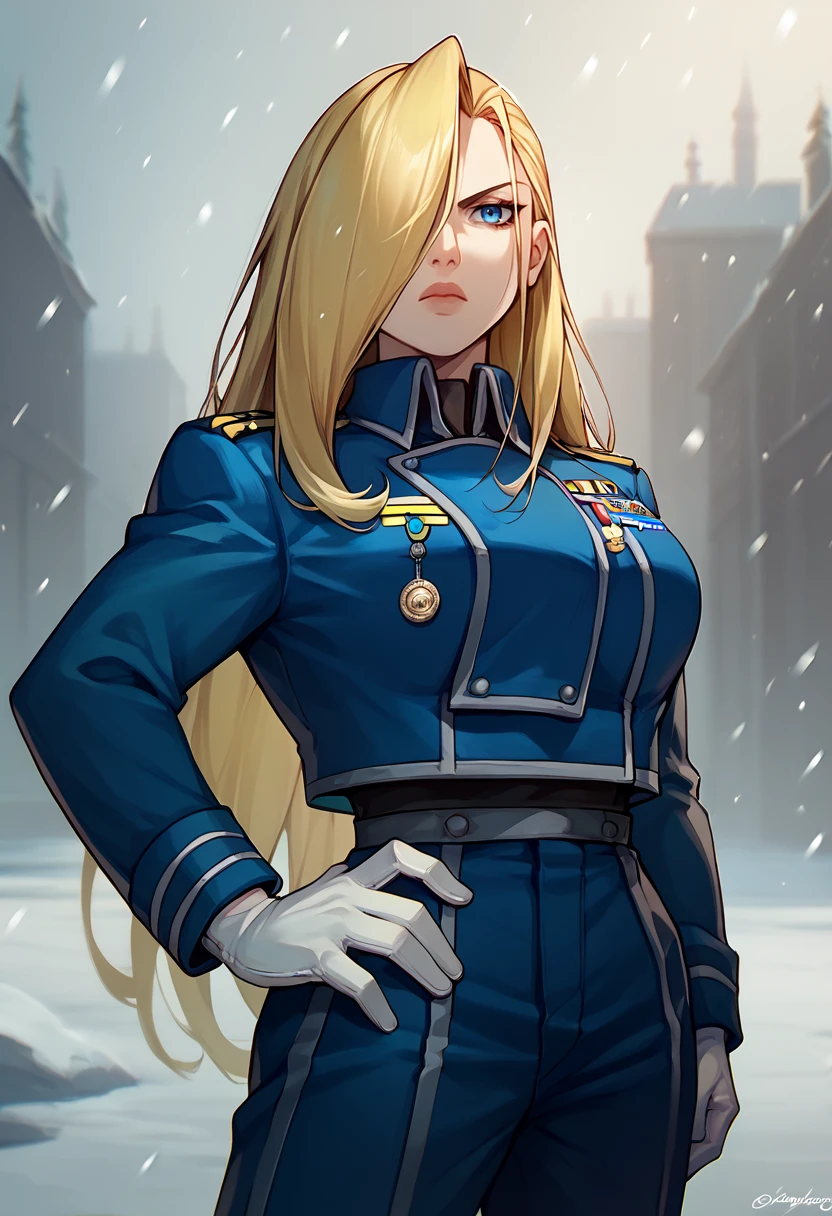 score_9, score_8_up, score_7_up, solo, 1girl, olivier armstrong, expressionless, looking at viewer, standing, hand on own hip, hair over one eye, amestris military uniform, blue jacket, long sleeves, medal, white gloves, blue pants, large breasts, snowing, outdoors <lora:fma_olivierarmstrong_ponyXL:1>